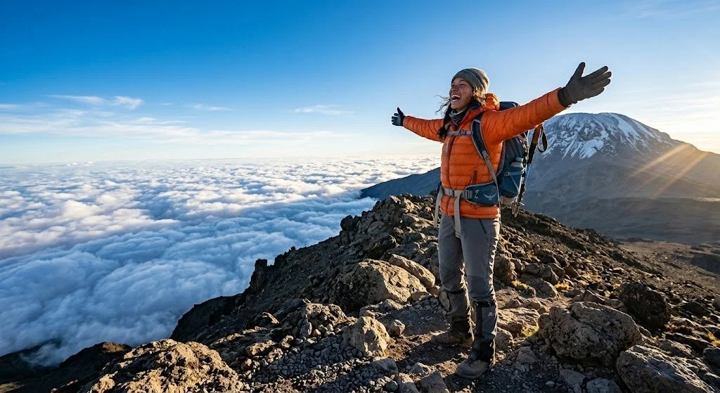 Trekkers walking through lush rainforest trails on Mount Kilimanjaro