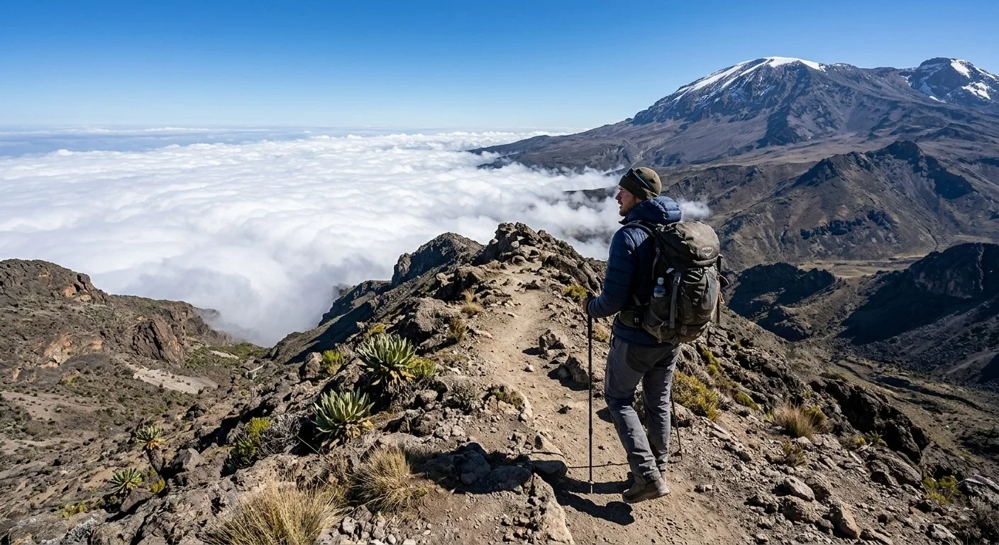 High altitude mountain camp set against Kilimanjaro's volcanic slopes