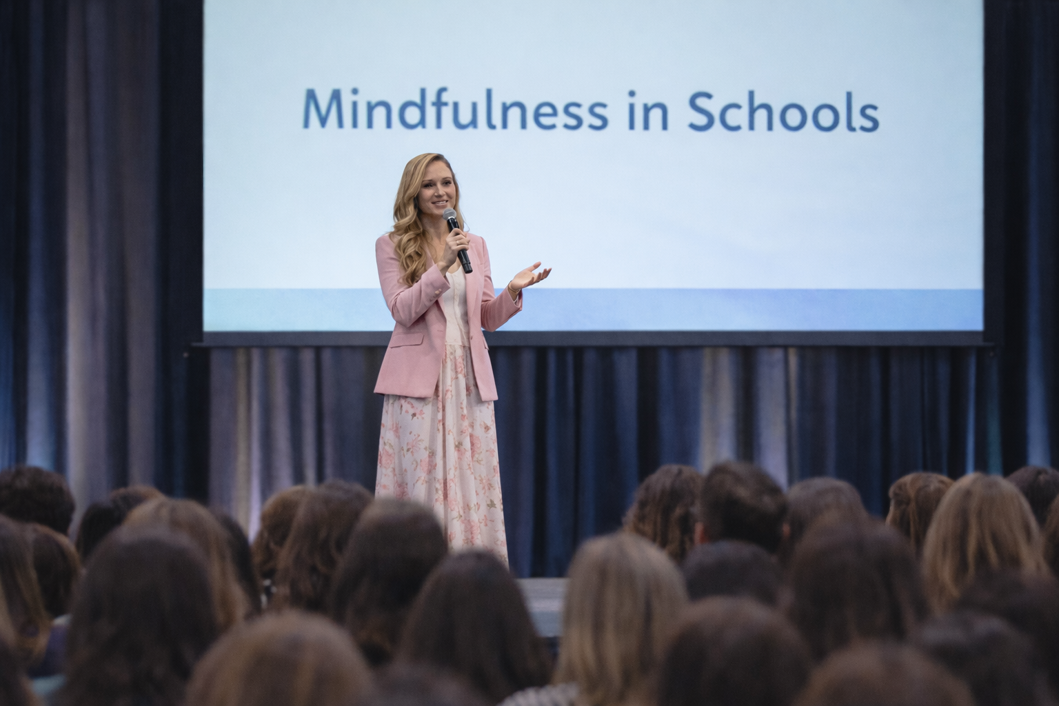 Michelle Faber speaking at a keynote conference about mindfulness in schools