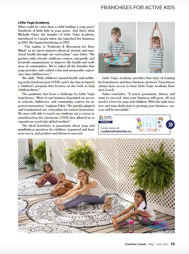 Michelle Faber and Little Yogis Academy featured in Franchise Canada Magazine