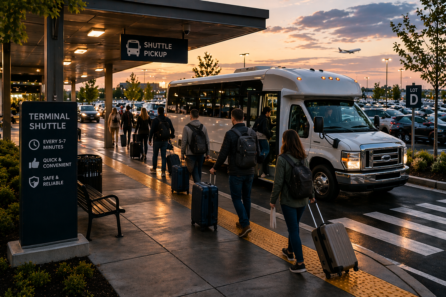 Travelers boarding an airport parking shuttle during a busy pickup period.