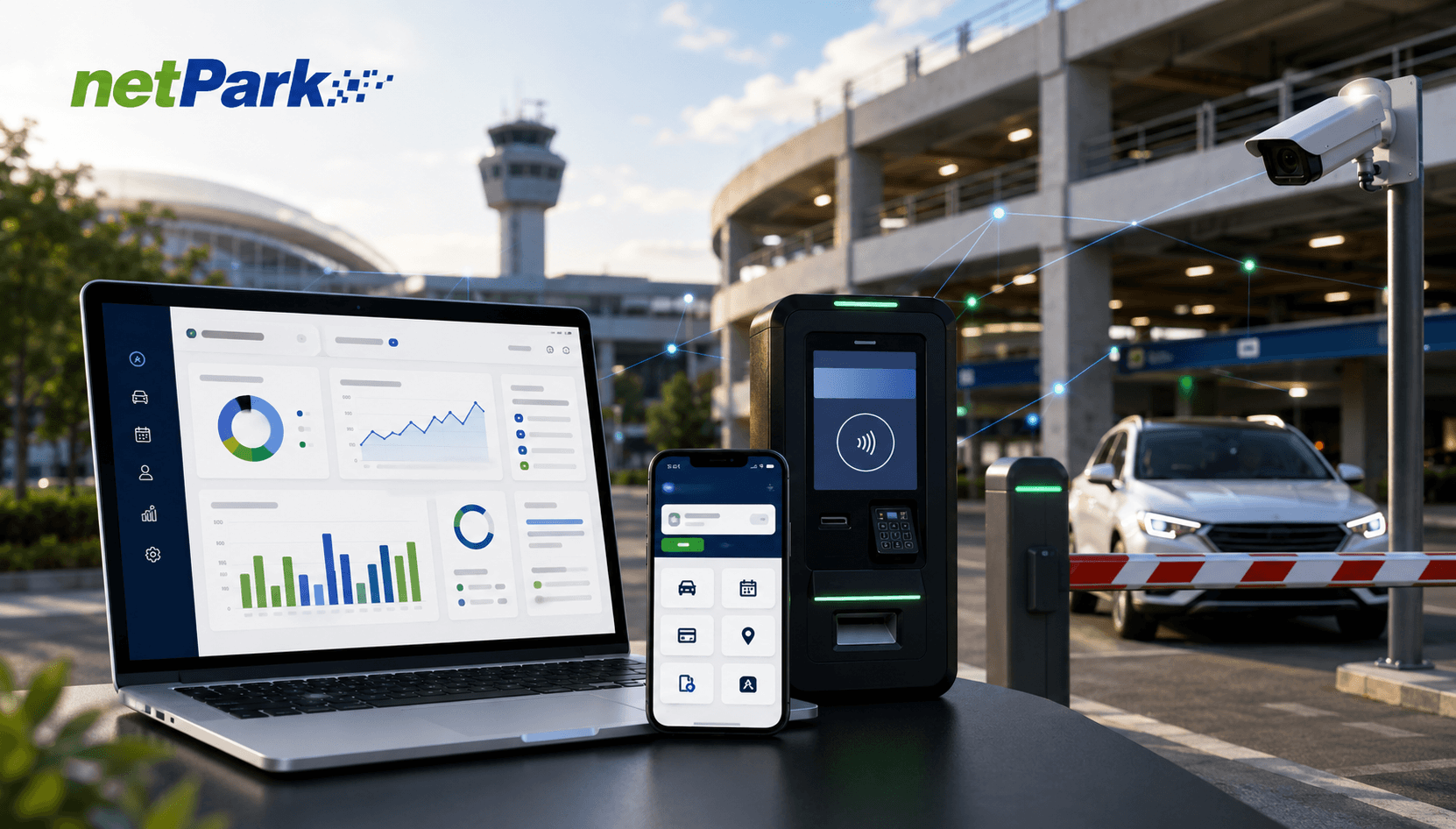 Airport parking technology and operations visual for the MKE netPark case study