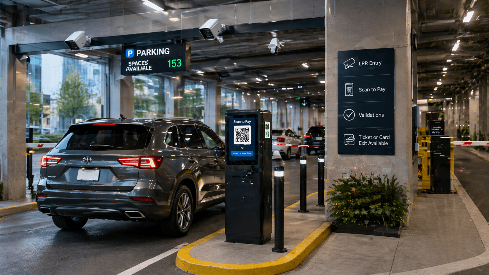 Parking garage environment showing support, guidance, signage, and help options for parkers