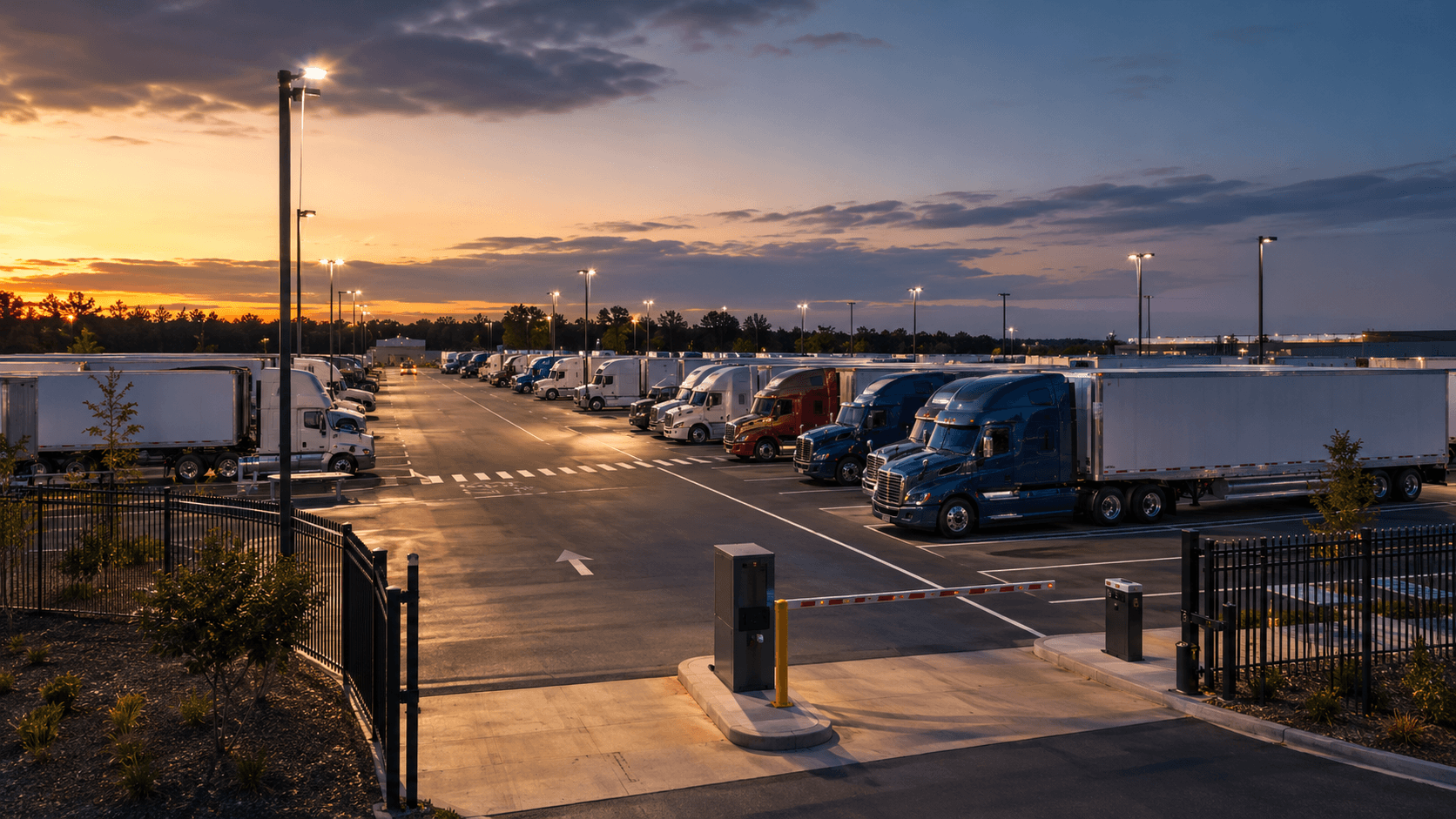 Secure truck parking facility with organized spaces, lighting, and access control