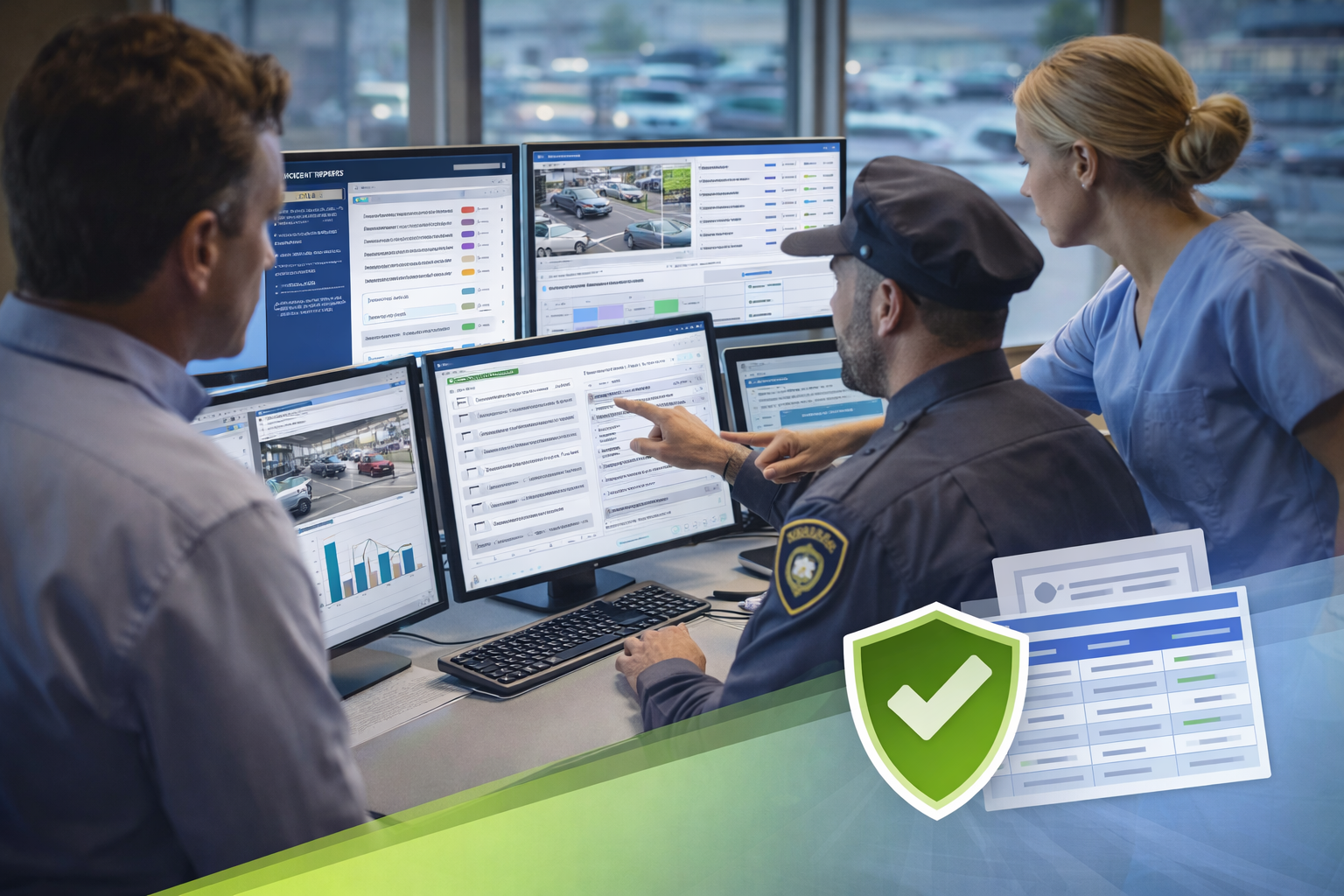 Healthcare operations and security team reviewing parking activity and reporting