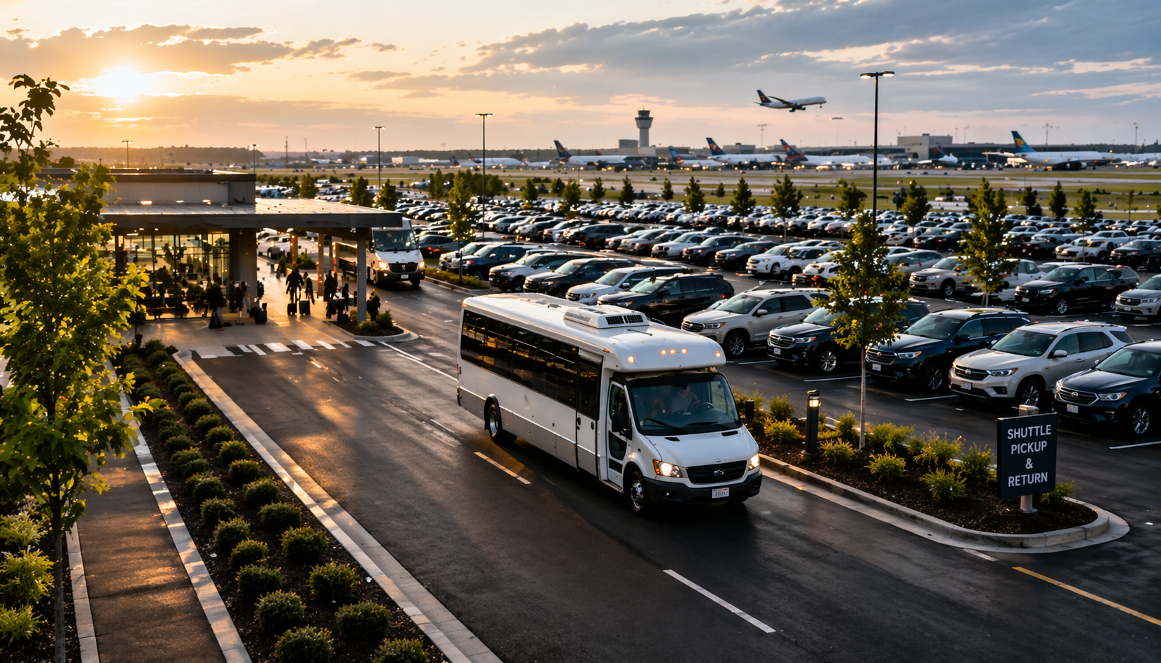 Off-airport parking facility near a major airport with organized vehicle rows and shuttle service.