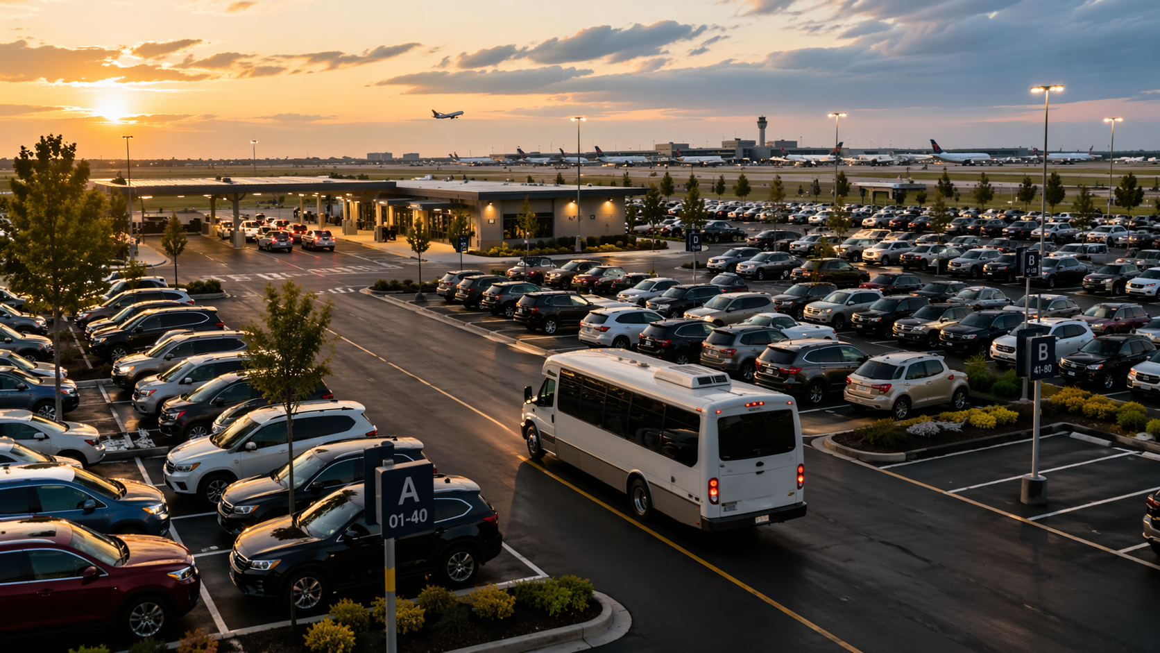 Large off-airport parking lot with shuttle bus and airport terminal in the distance.
