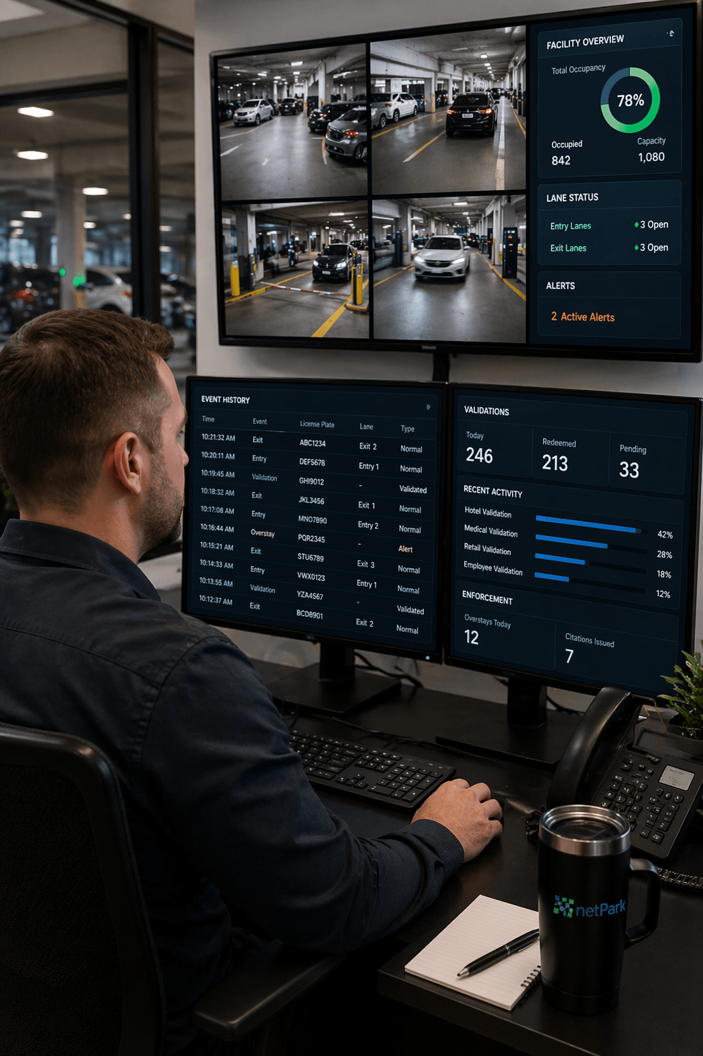 Parking operations manager reviewing dashboards, event history, validations, and enforcement visibility