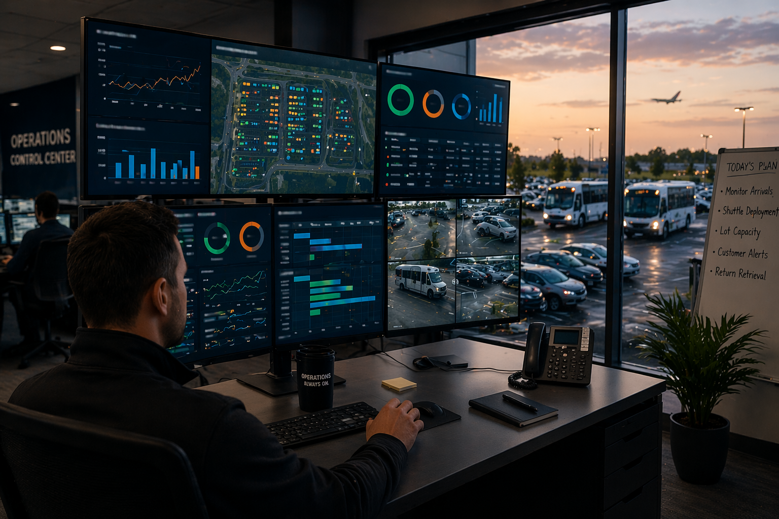Operations center with screens monitoring parking activity, lot status, and shuttle movement.