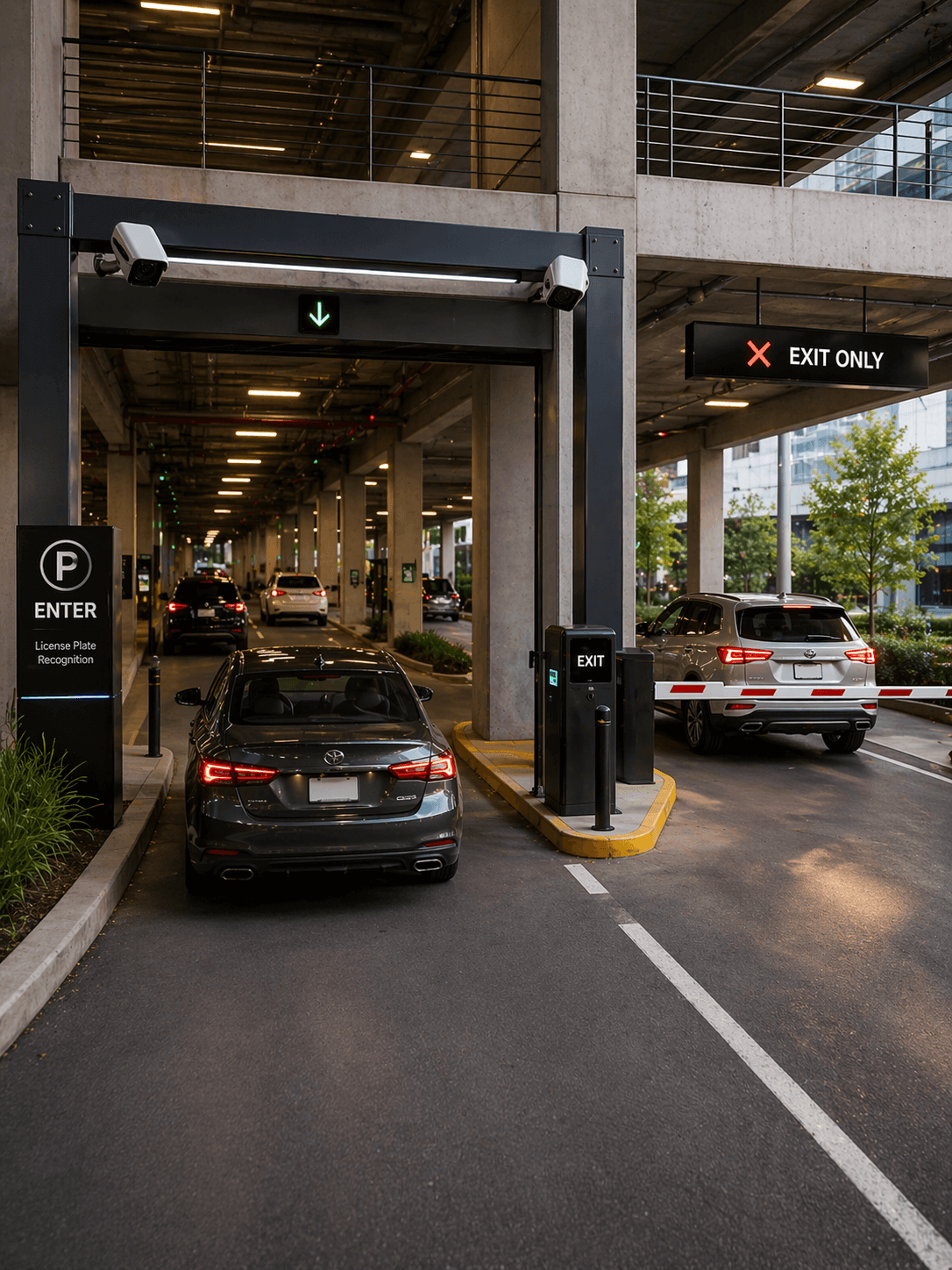 Hybrid parking garage workflow with LPR, signage, and controlled access