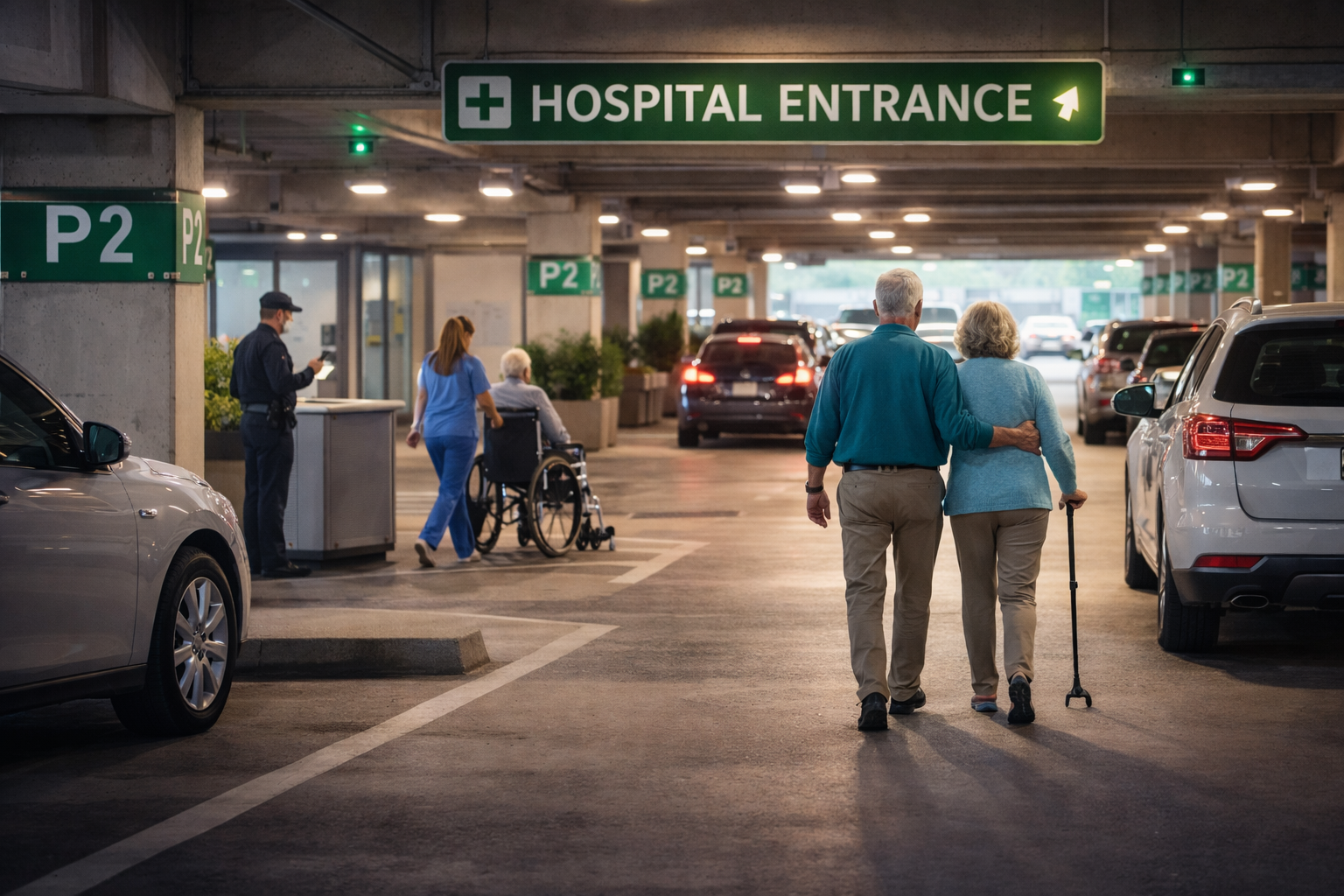 Hospital parking garage with patients and visitors navigating the entrance area