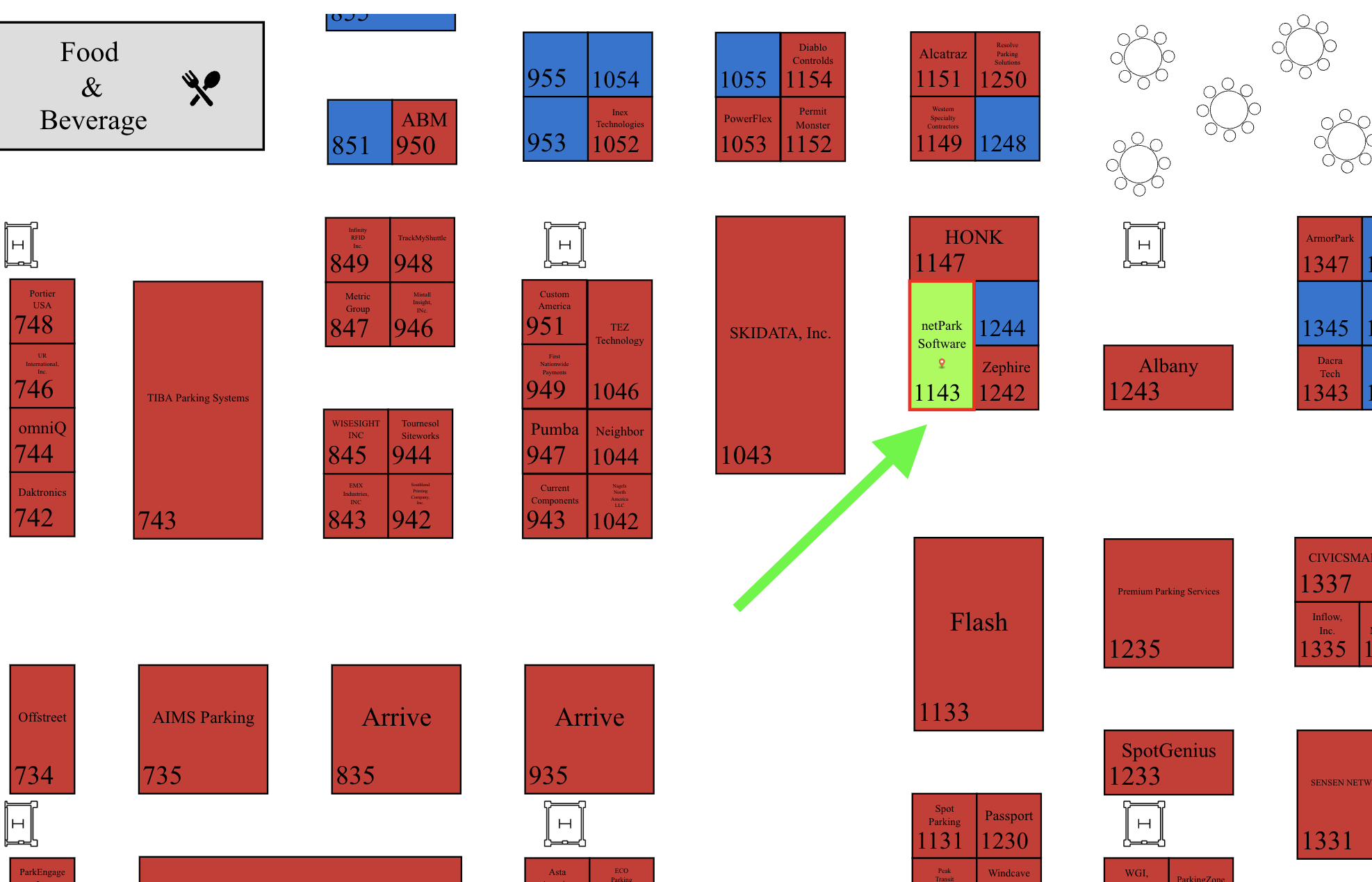 IPMI 2026 expo floor map showing netPark Software at Booth 1143