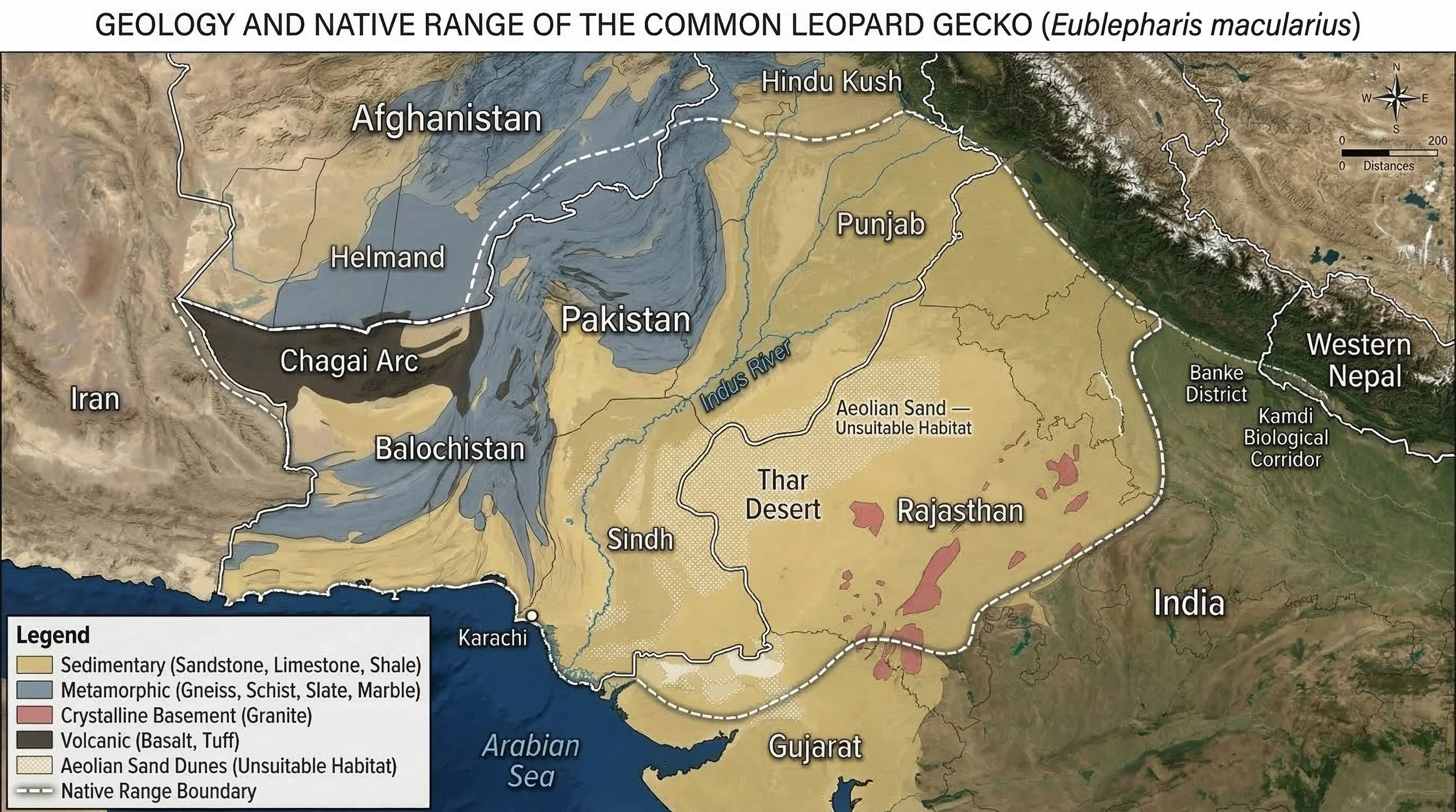 Geology and native range of the common leopard gecko (Eublepharis macularius) across Pakistan, Afghanistan, India, and Nepal