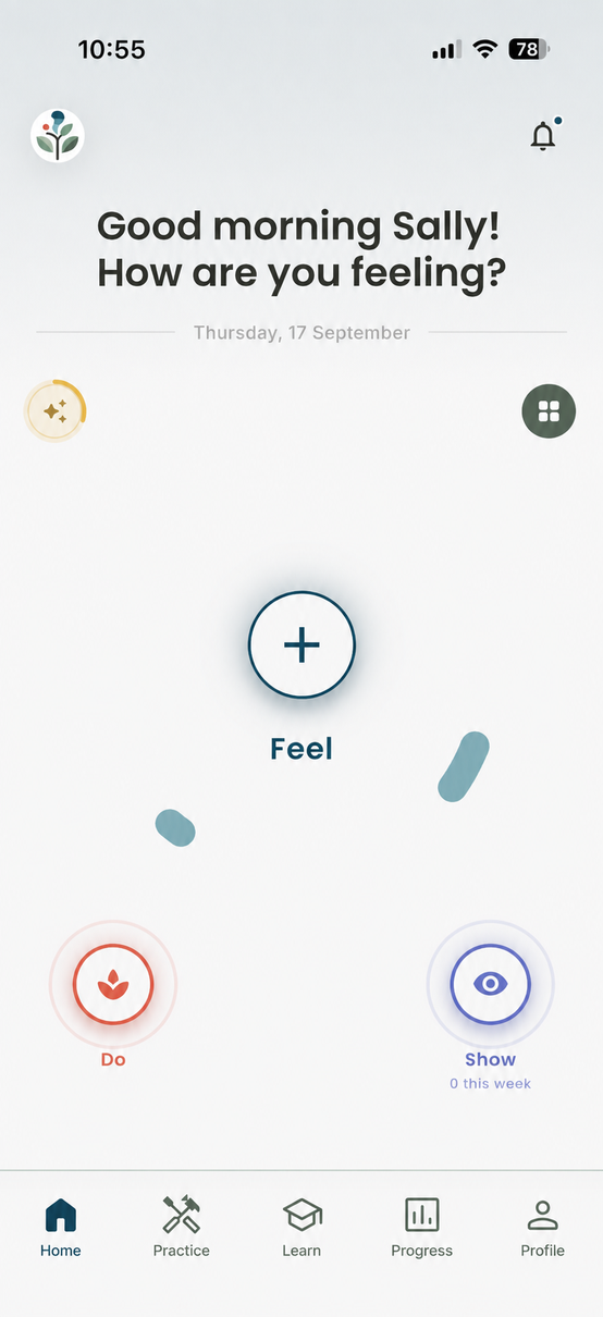 Actulyze home screen greeting Sally with the Feel, Do and Show pathways.