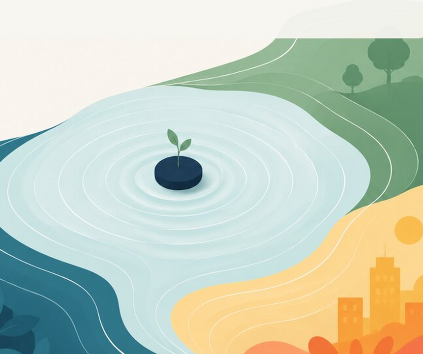 Illustration of a small green shoot at the centre of expanding ripples, surrounded by a flowing landscape.