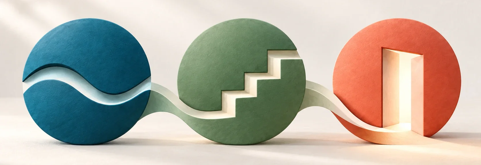 Three connected sculptural forms representing Feel, Do and Show.