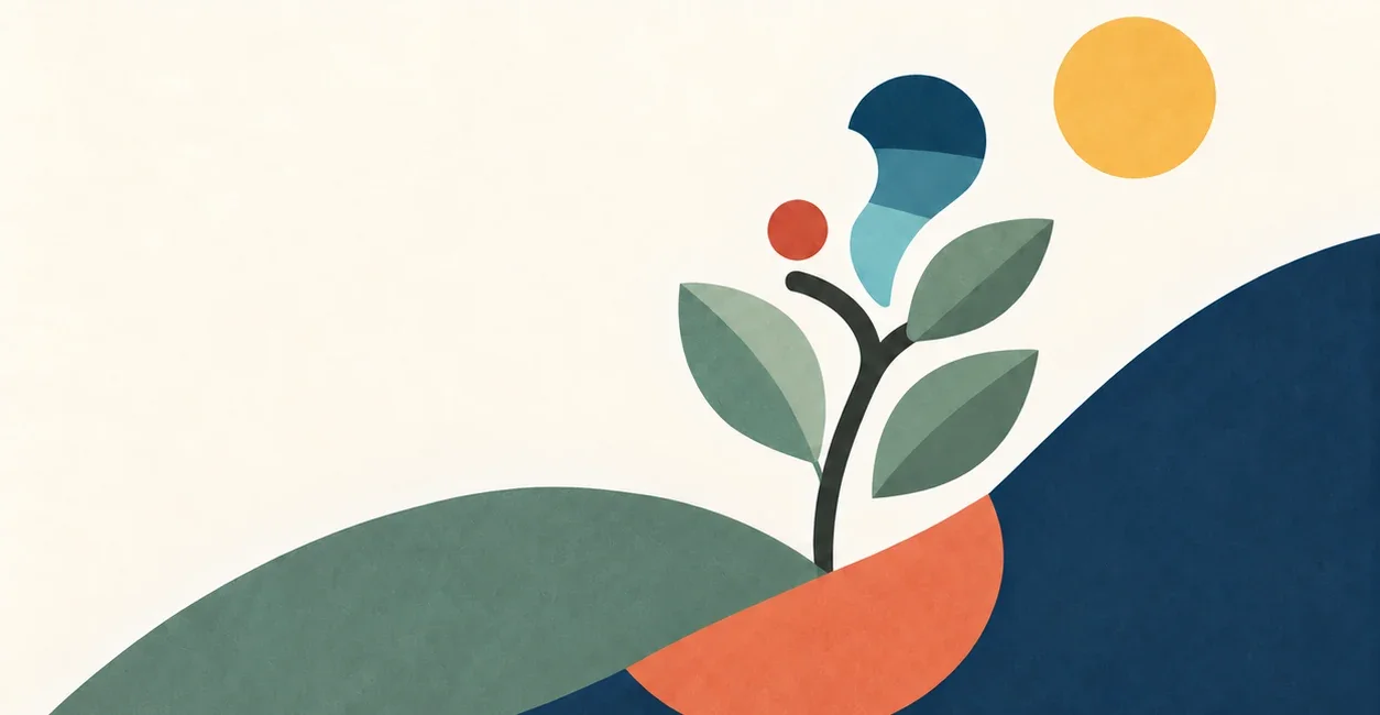 The Actulyze plant symbol growing between layered hills.