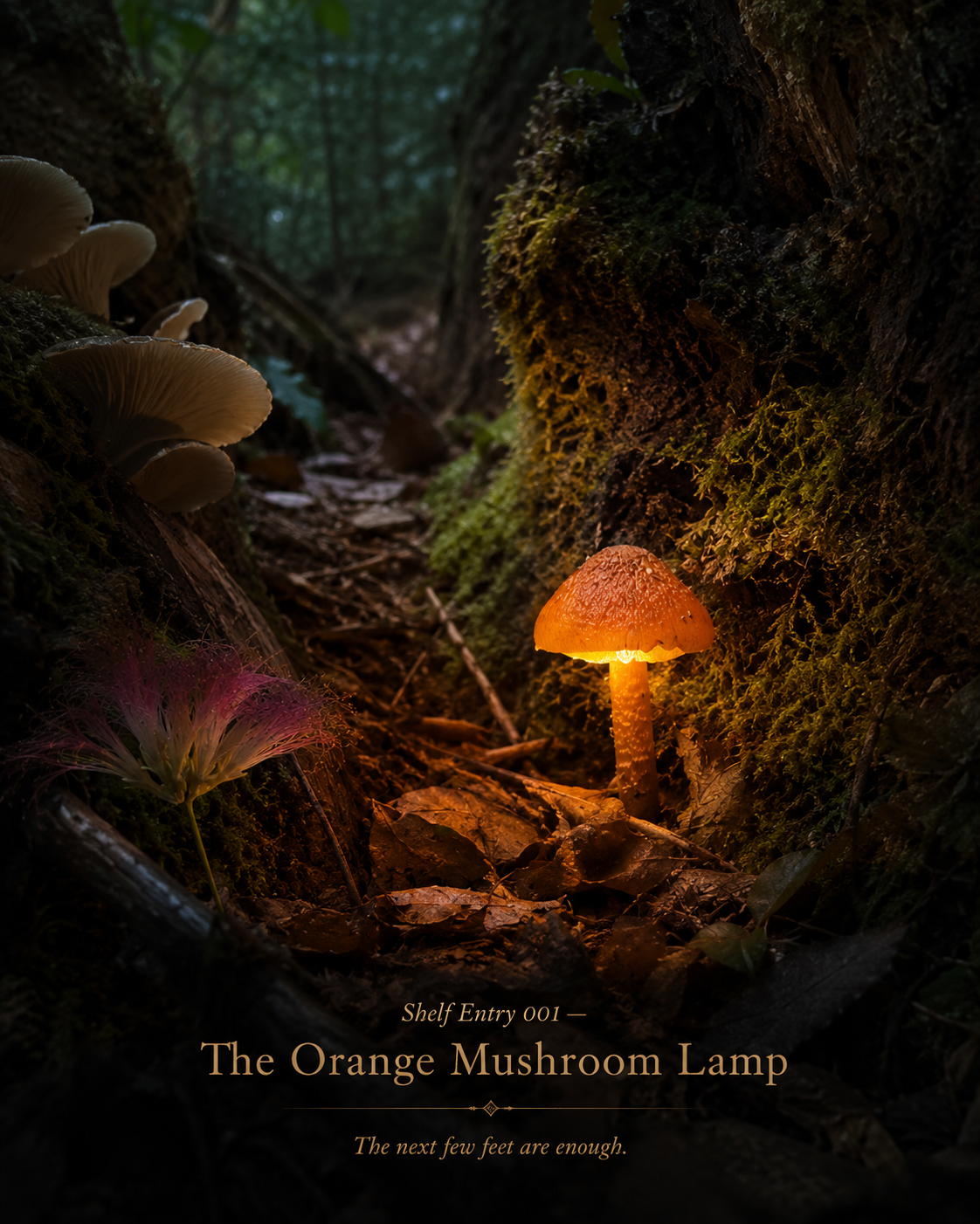 A small orange mushroom glowing like a lamp in a dark mossy forest corridor.
