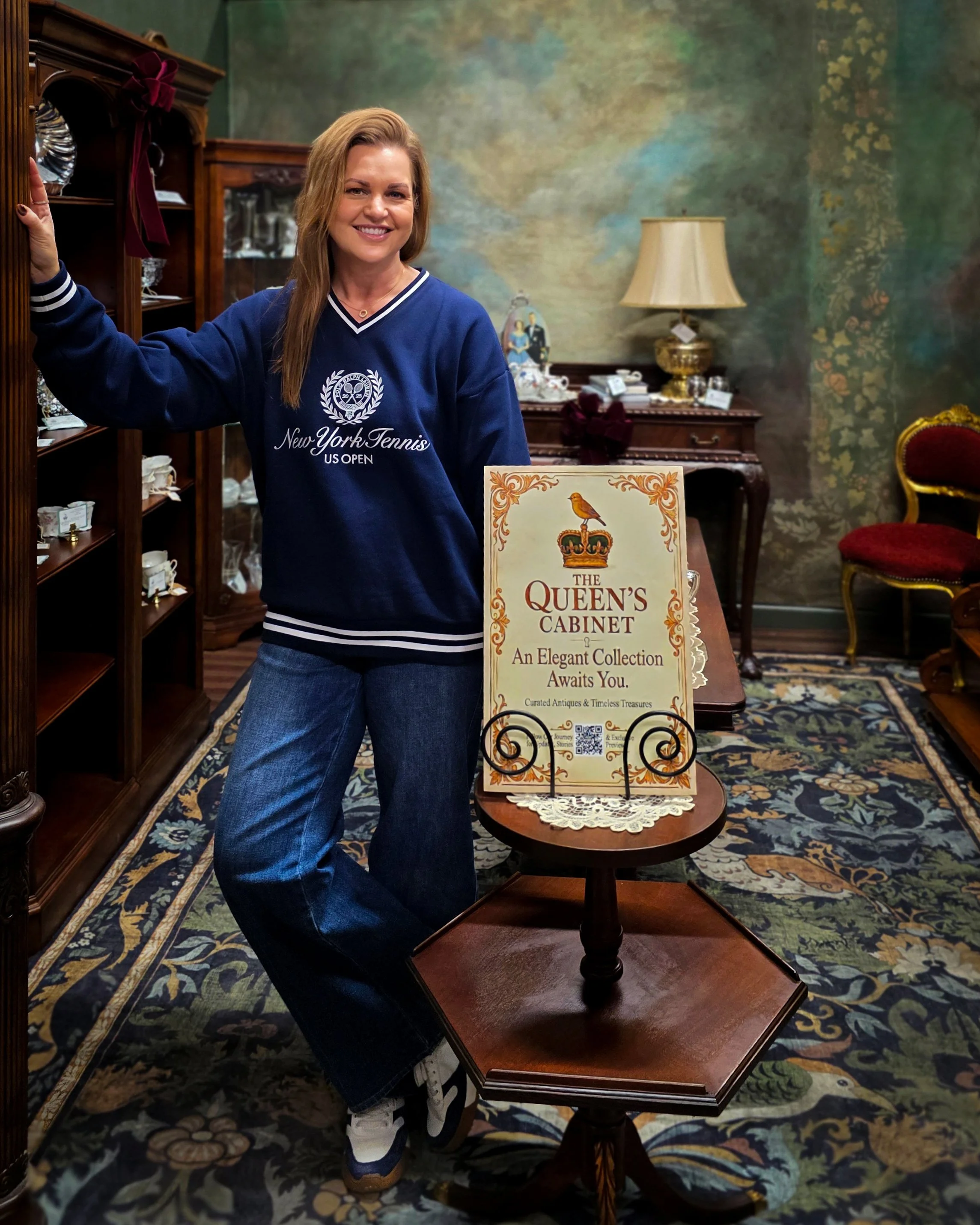 Kirsten at The Queen's Cabinet booth at Rustique Antiques