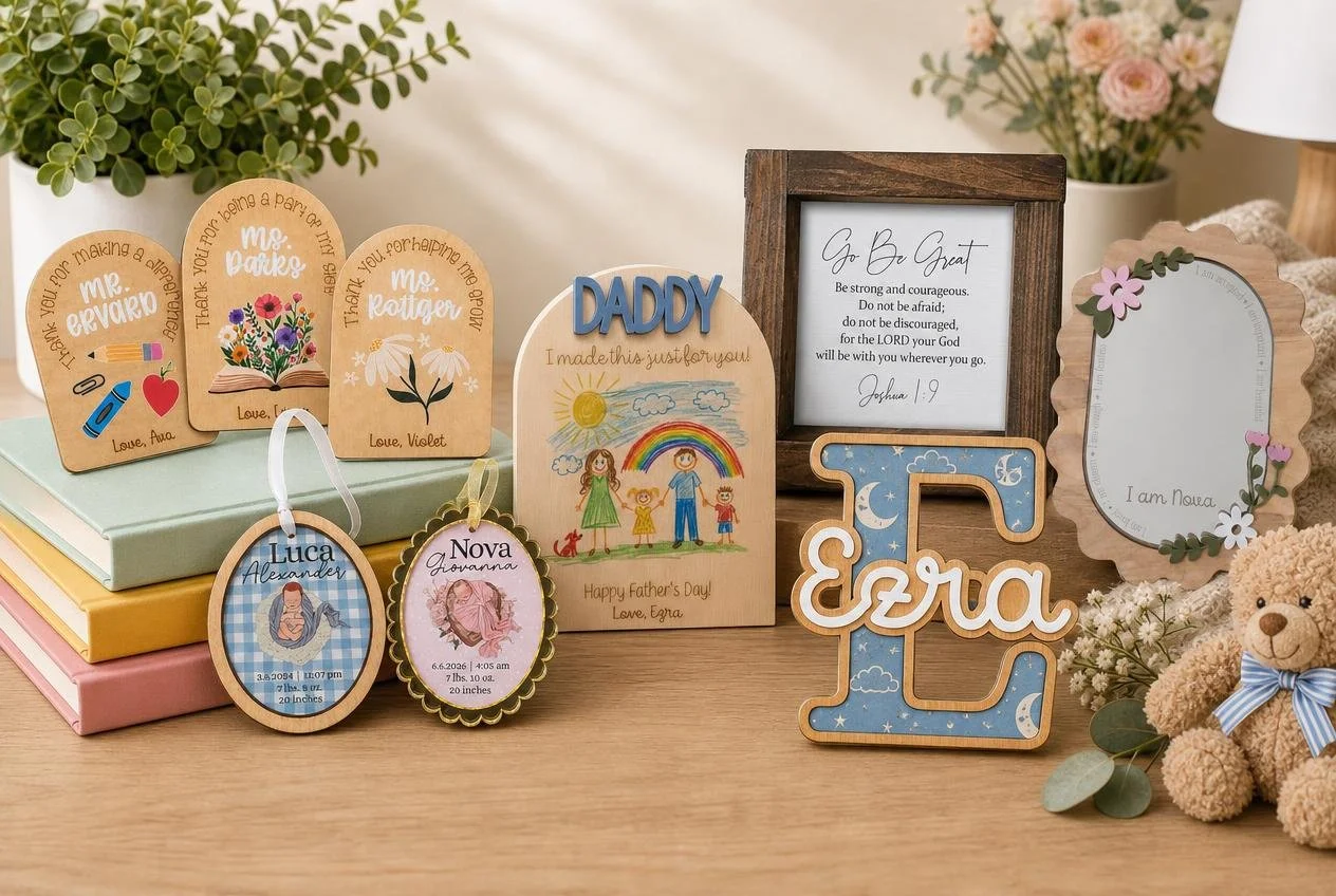 Personalized handmade gifts: teacher thank-you signs, baby birth-stat ornaments, a kids drawing Father's Day sign, a Joshua 1:9 scripture sign, a name letter sign and a floral name mirror