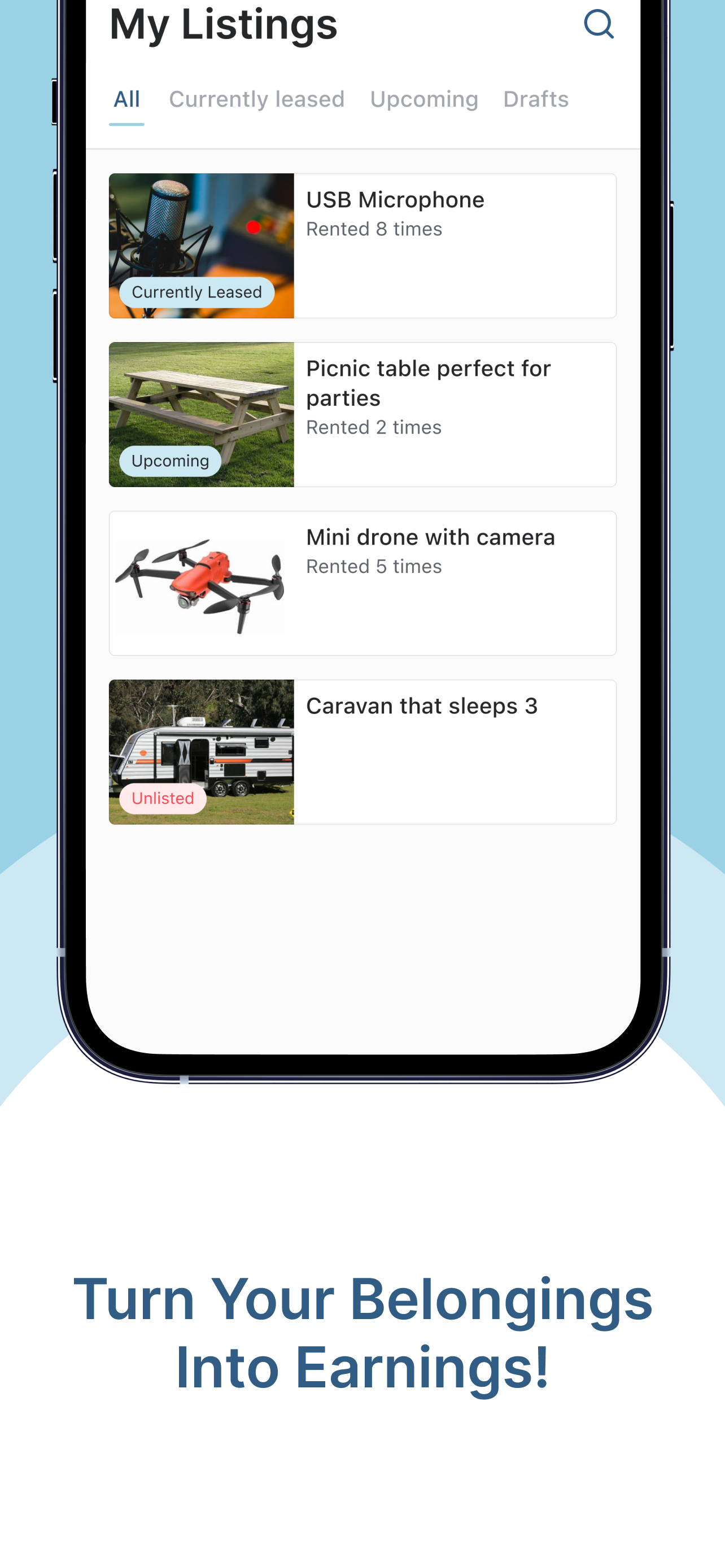 Rease app – my listings screen
