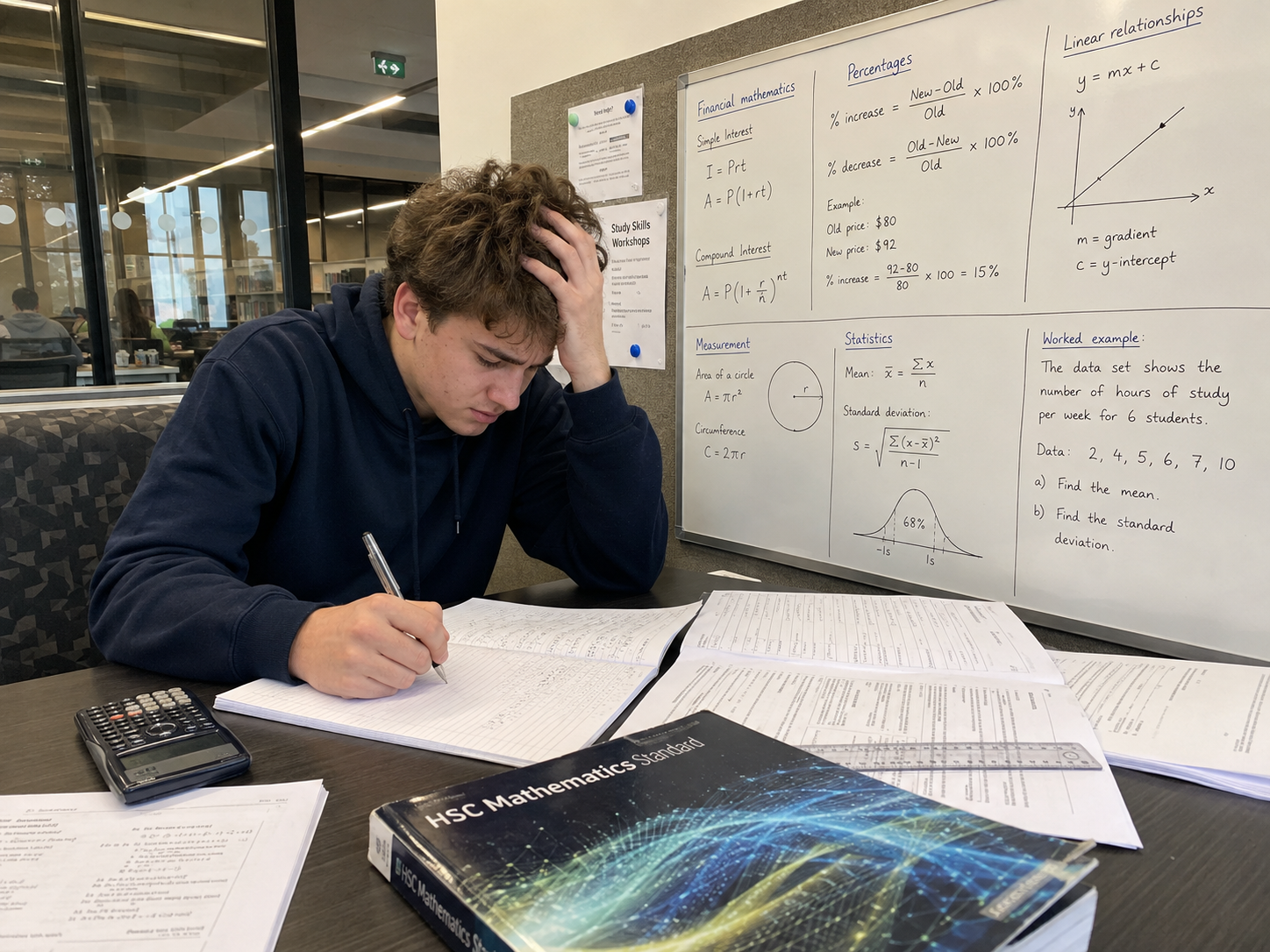 Student solving HSC Mathematics Standard questions and calculations