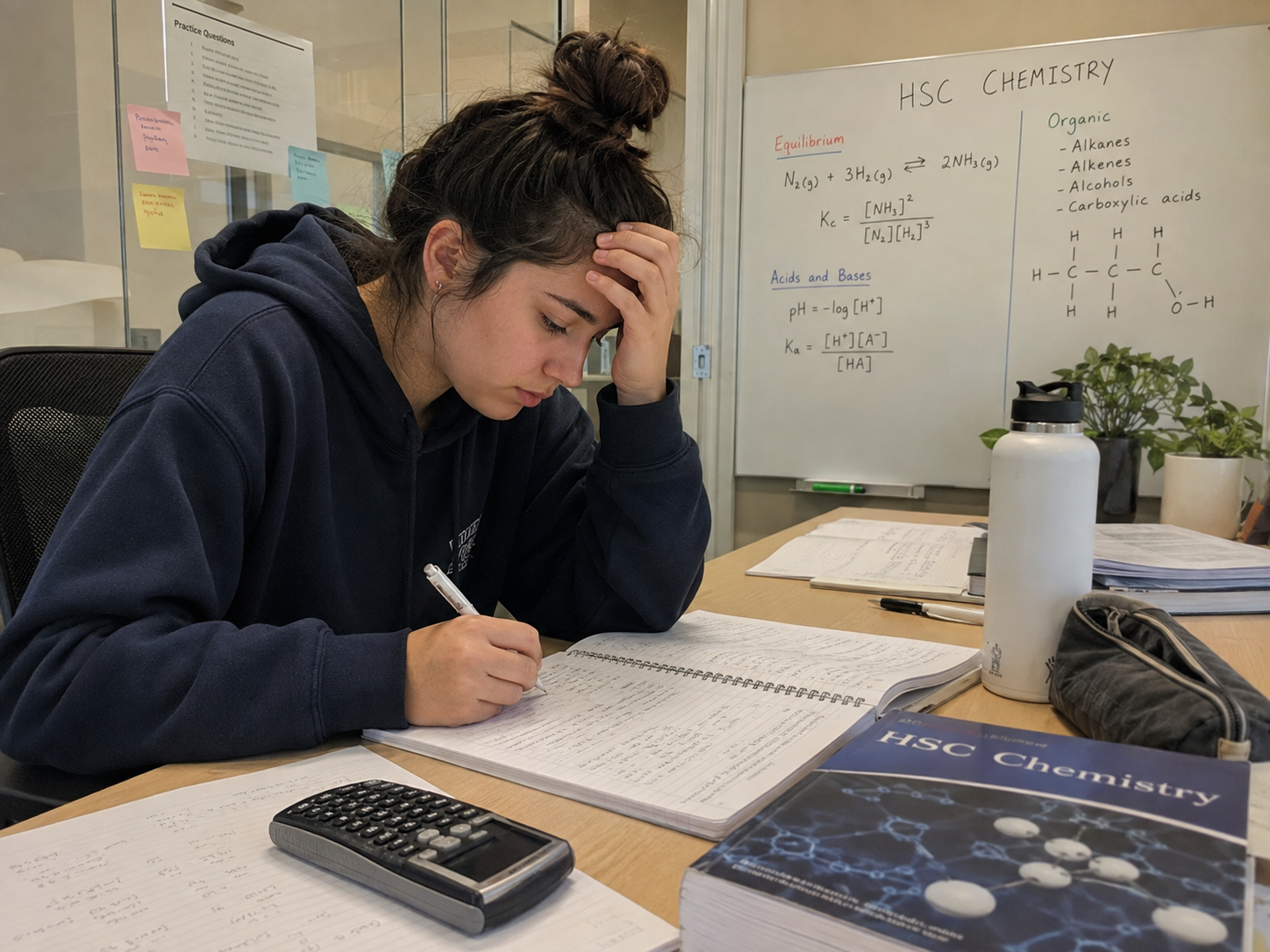Student solving and balancing HSC Chemistry equations and questions