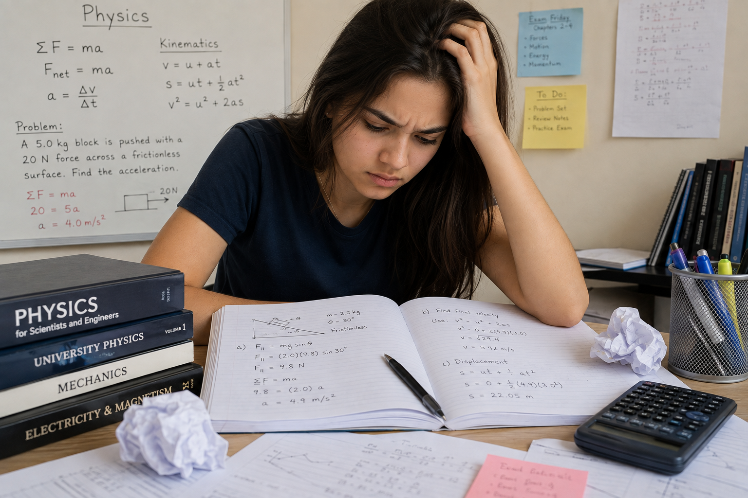 Student solving Physics equations and working through VCE Physics problems