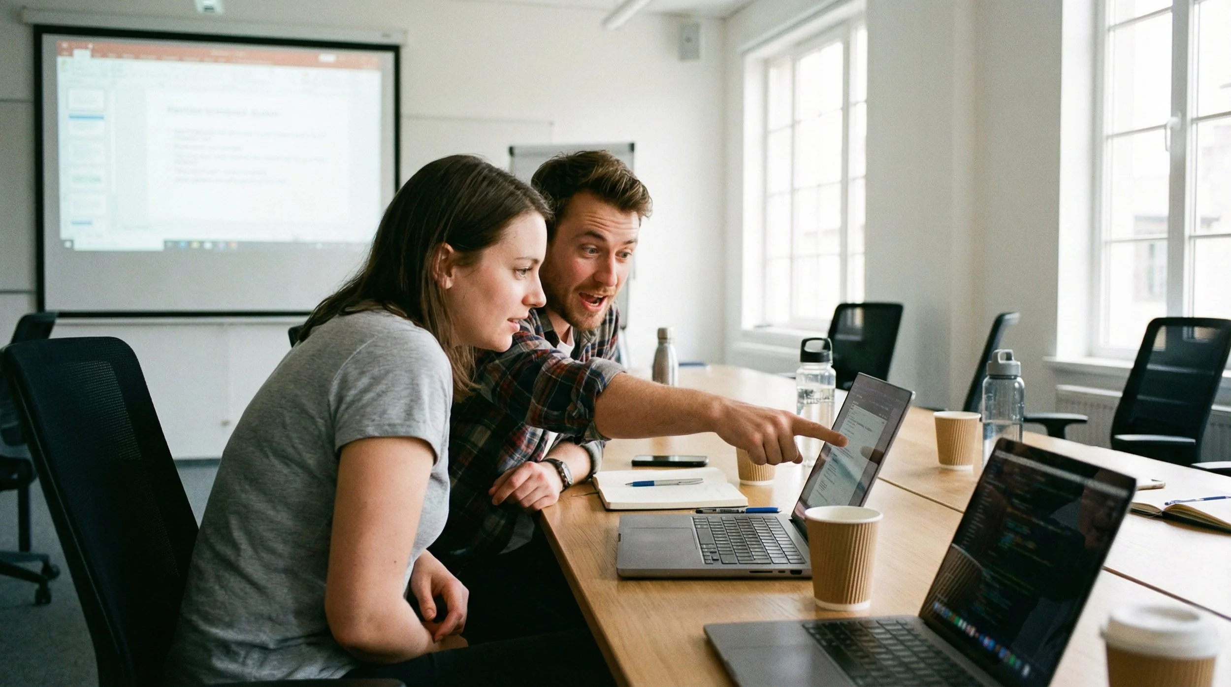 Twee teamleden werken samen aan een laptop tijdens een workshop