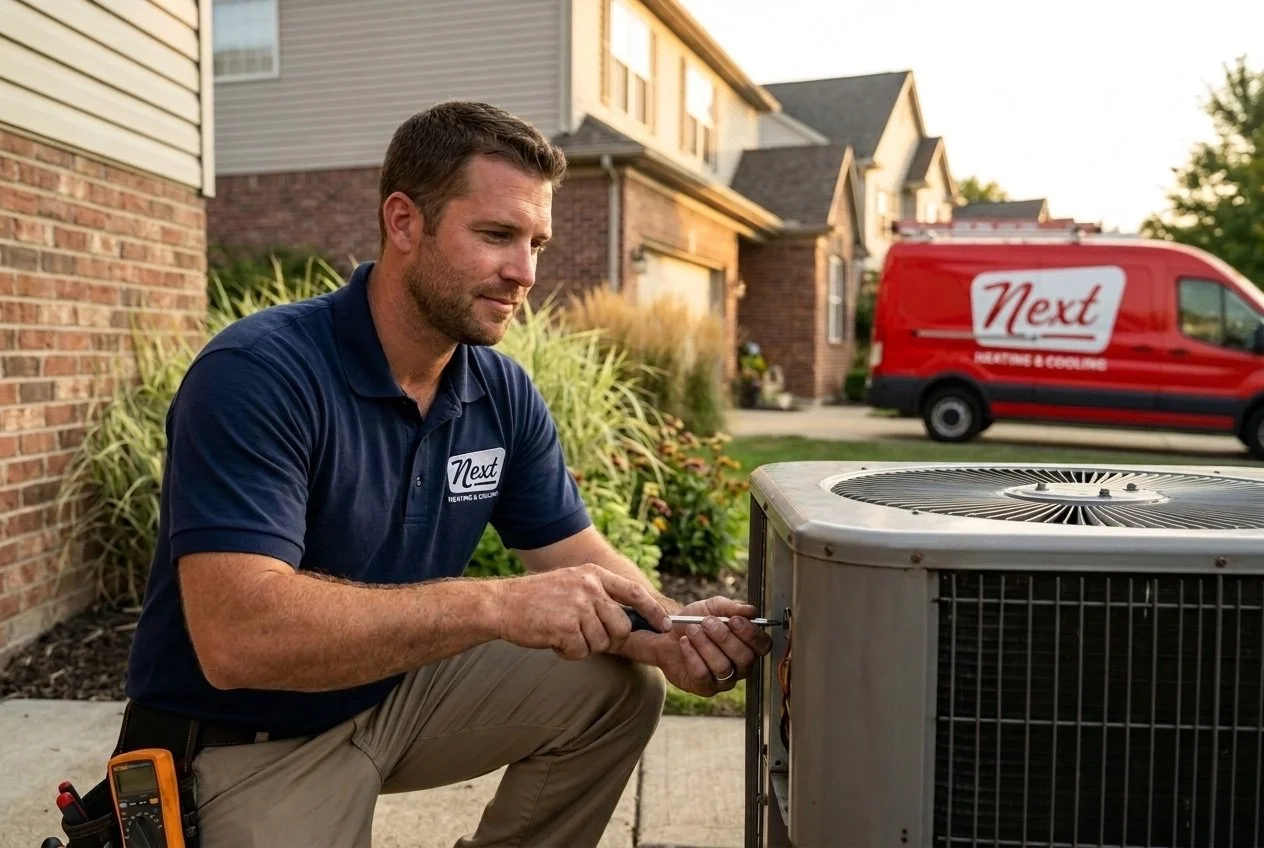 NEXT Heating and Cooling technician servicing an outdoor AC condenser unit at a Metro Detroit home with the red NEXT service van in the background