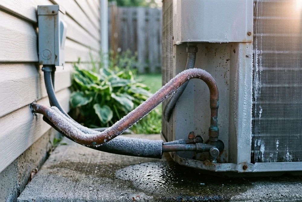 Frozen AC condenser unit with ice on copper refrigerant lines outside a Metro Detroit home