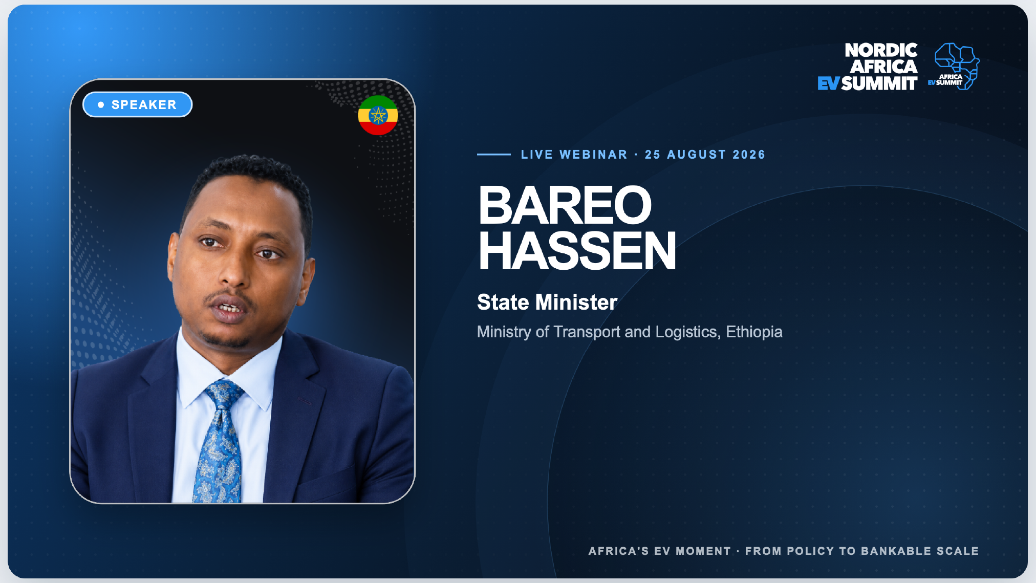 Bareo Hassen speaking during the Nordic-Africa EV Summit webinar