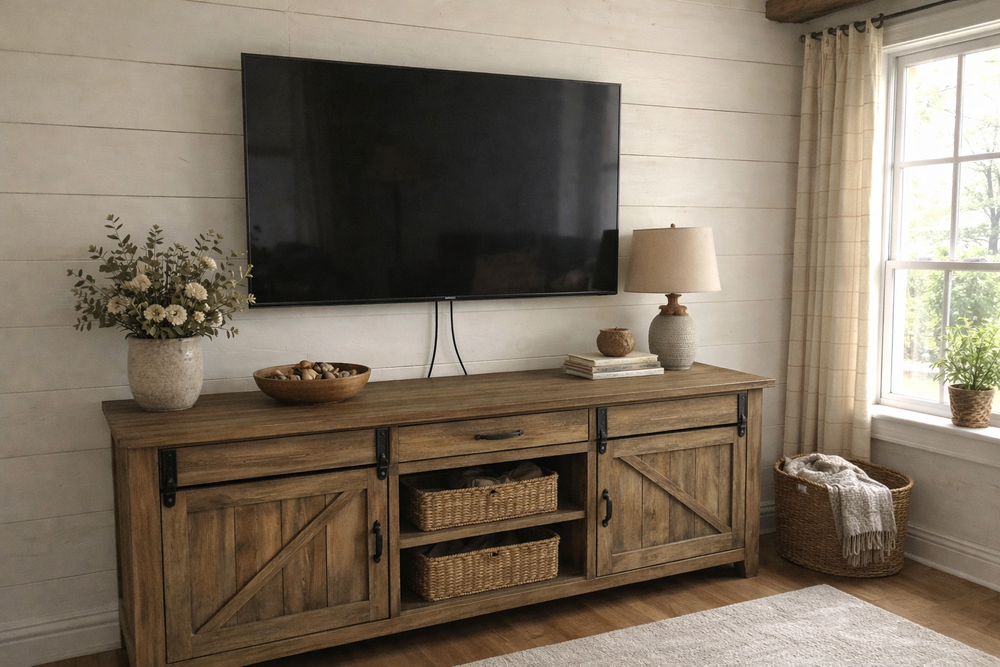 TV mounted on the wall with cables running down to the console below