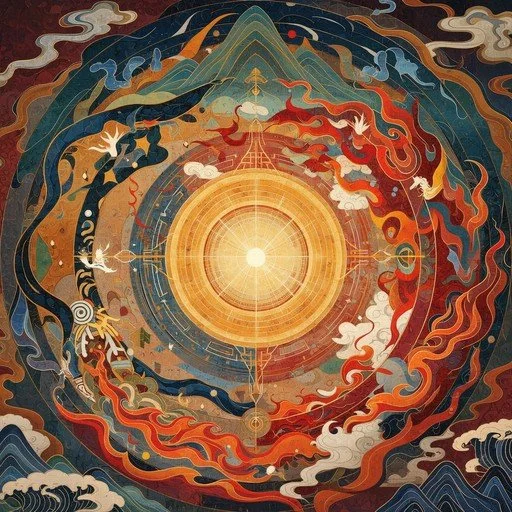 Colorful elemental artwork surrounding a golden center