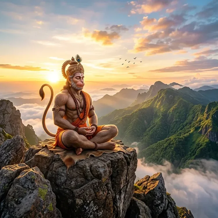 Hanuman meditating peacefully at sunrise