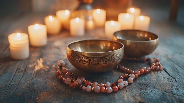 Candlelit singing bowls and mala beads
