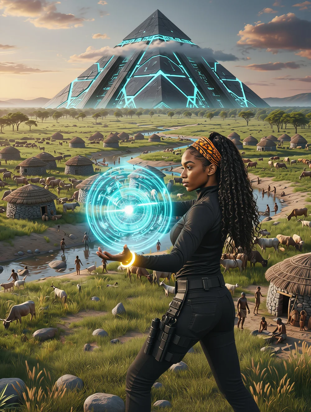 Leila Washington summoning a swirling cyan barrier portal in her hand above a Green Sahara village.