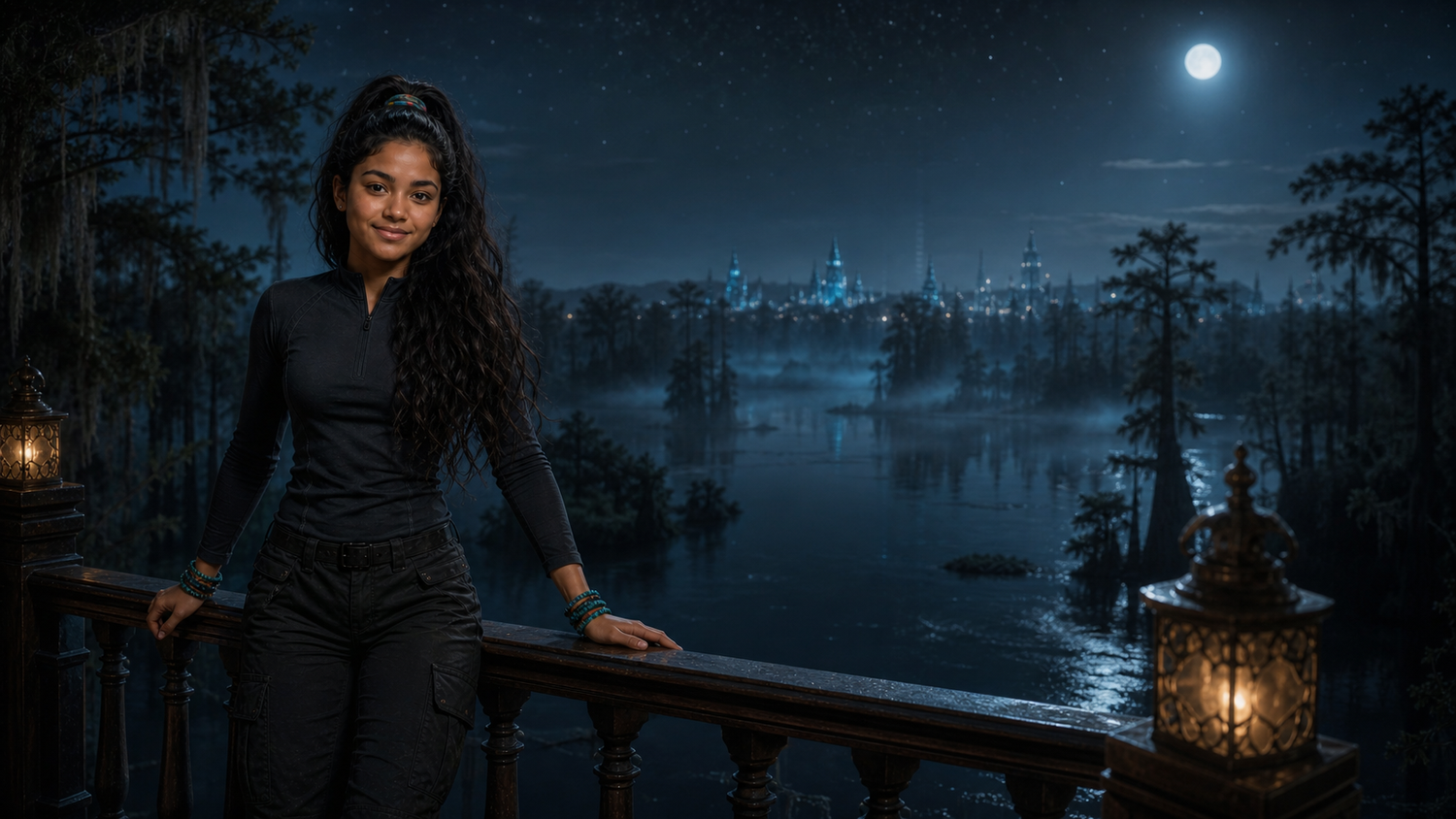 Mia Patel at a stone balcony railing overlooking a moonlit bayou landscape.