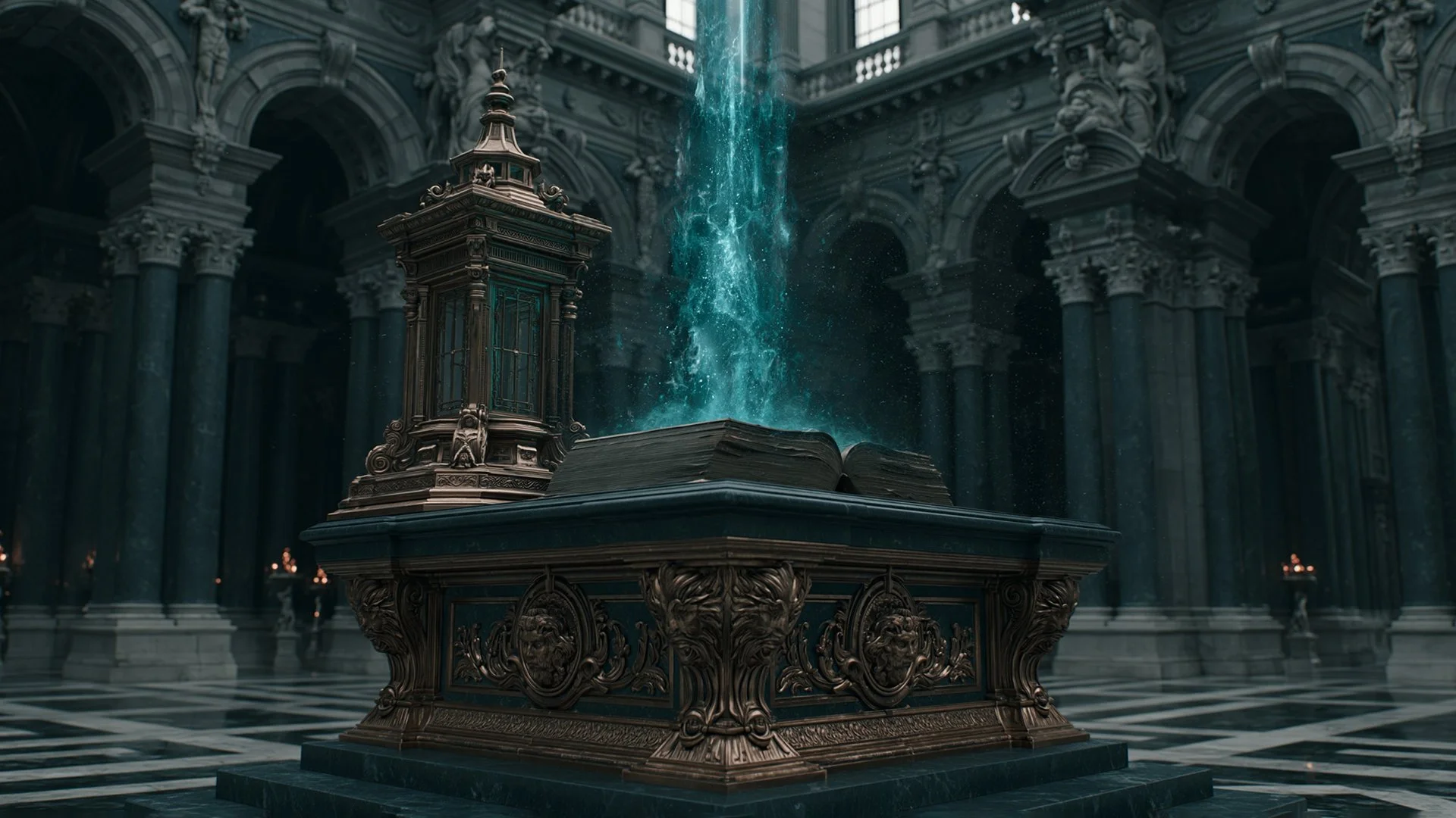 An ornate bronze and dark-marble altar in a vast vaulted hall holding a large open ledger, with a column of cyan barrier-energy rising straight up from its pages, symbolizing a single clear channel for reaching the author.