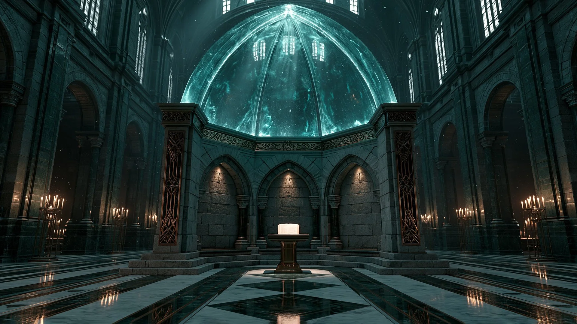 A grand Gothic vault crowned by a glowing cyan dome of barrier-energy, with a single open book resting on a bronze lectern at its center beneath a shaft of light, symbolizing a safe, watched-over place to read.