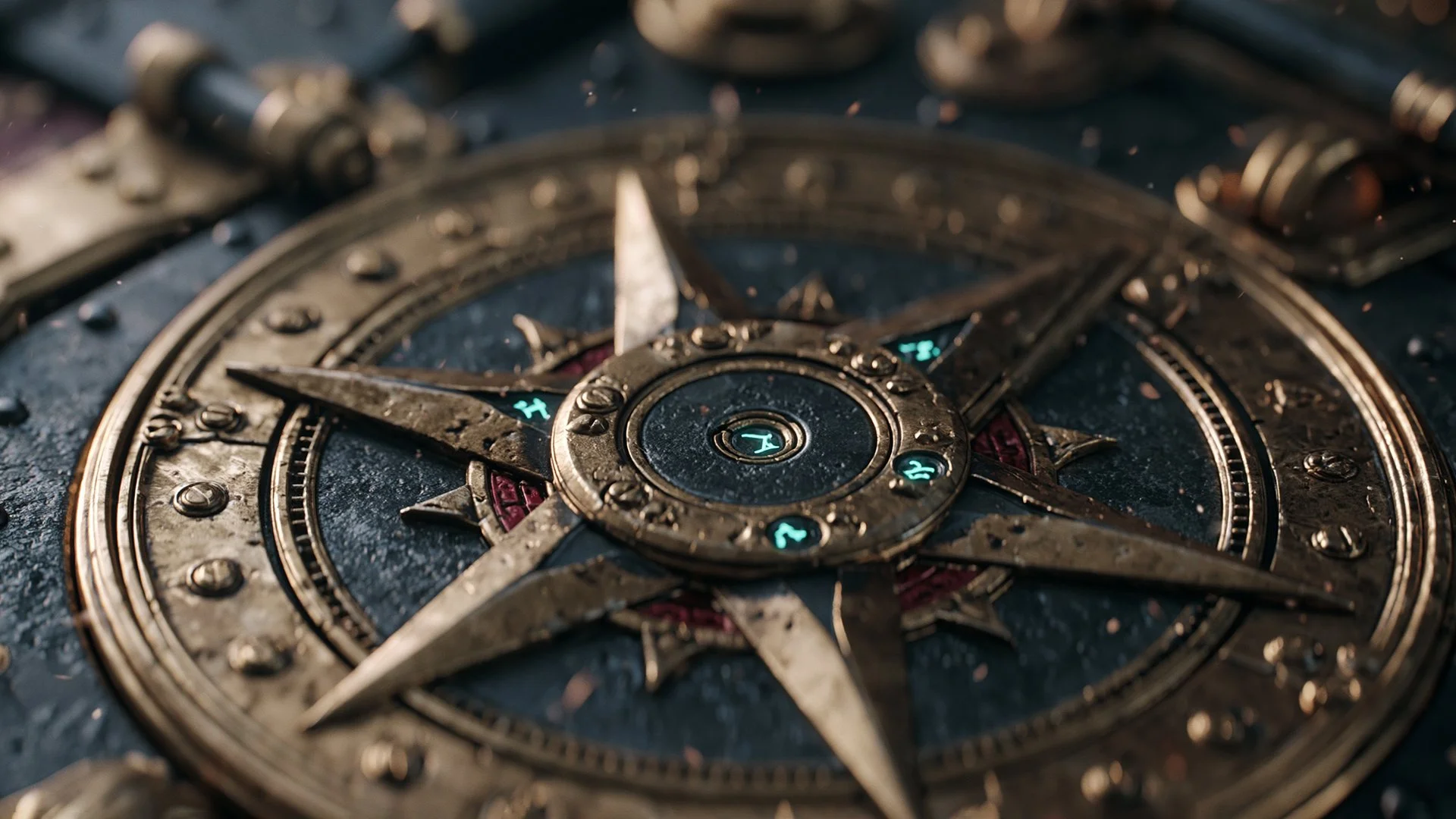 A close-up of an ornate bronze compass-rose mechanism set into dark metal, with only a few small glowing cyan rune-tokens around its hub, symbolizing the handful of essential cookies the site uses and nothing more.