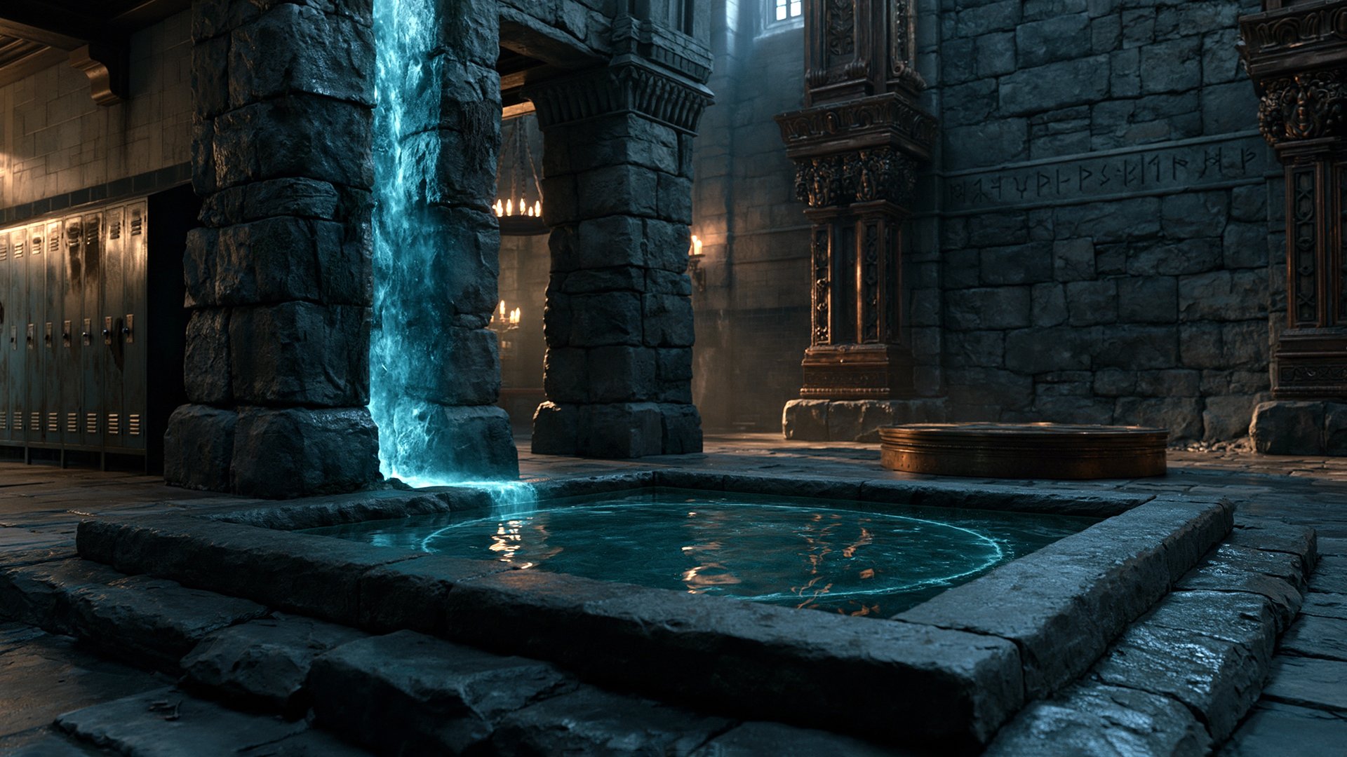 A school hallway of lockers on the left opening into an ancient stone ritual chamber, where a column of cyan barrier-energy pours into a square pool set with a glowing cyan ring, with bronze masonry and runic carvings on the walls - the ordinary world meeting the hidden one.