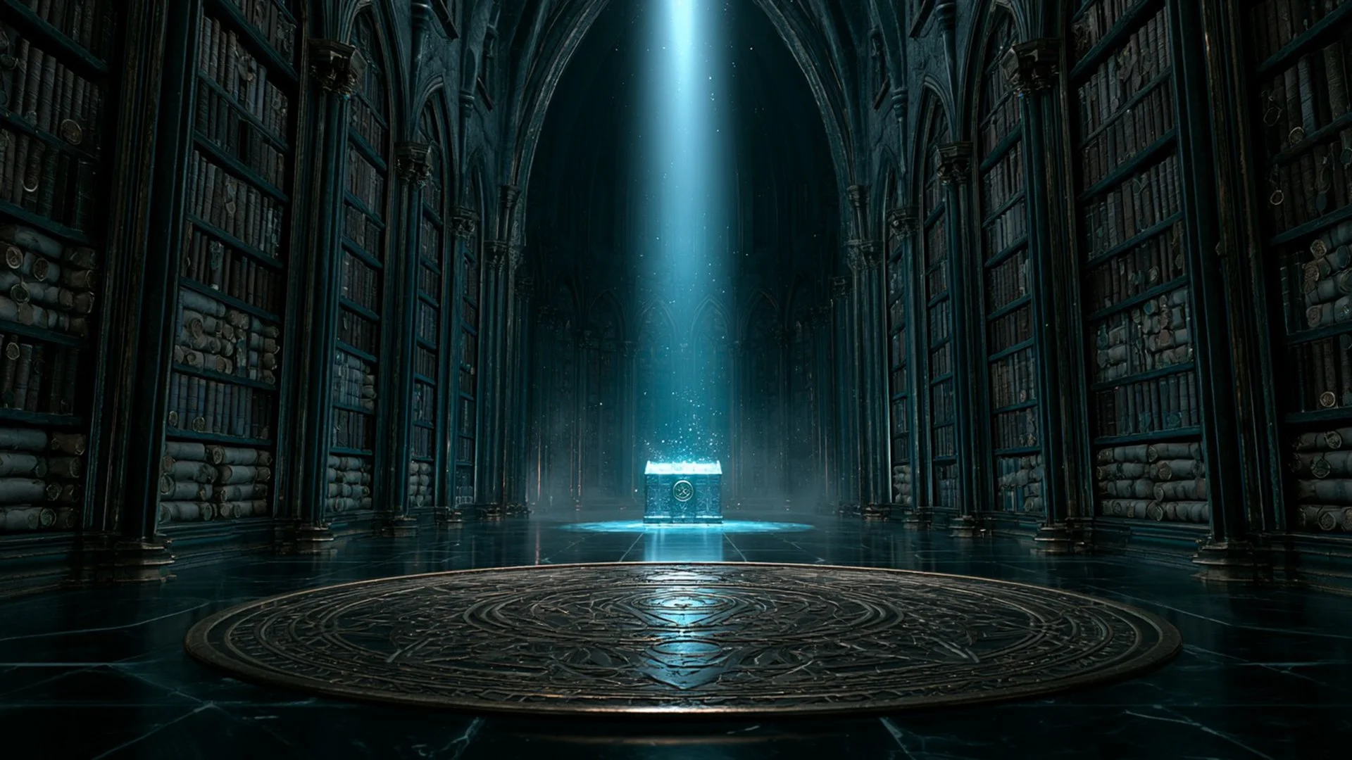 A Gothic vault interior with bronze archive shelves of sealed scrolls, illuminated by a single shaft of cyan dimensional light falling on an ornate bronze ritual circle on the polished stone floor.