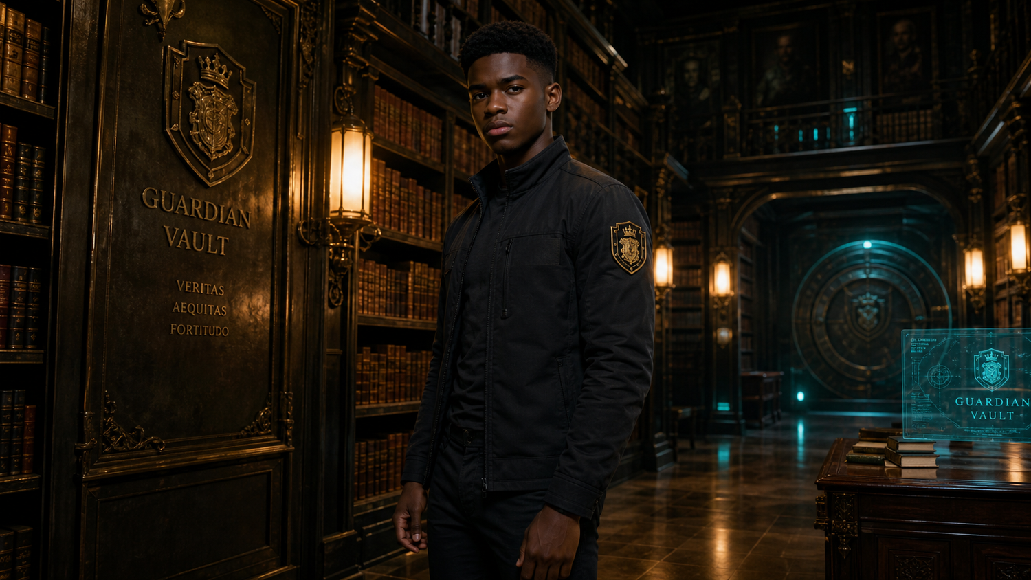 Caleb Johnson standing in a library vault beside a glowing doorway.