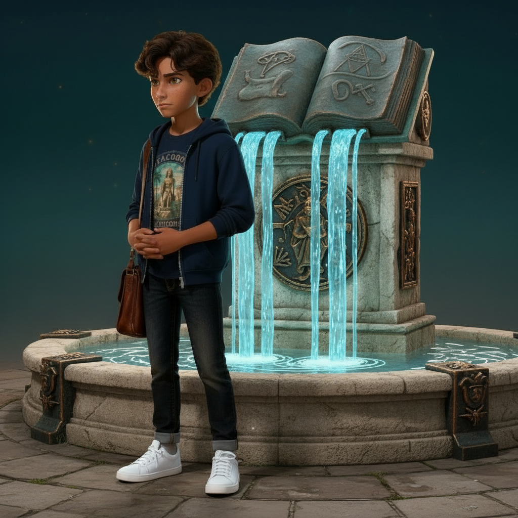 Sam in front of fountain