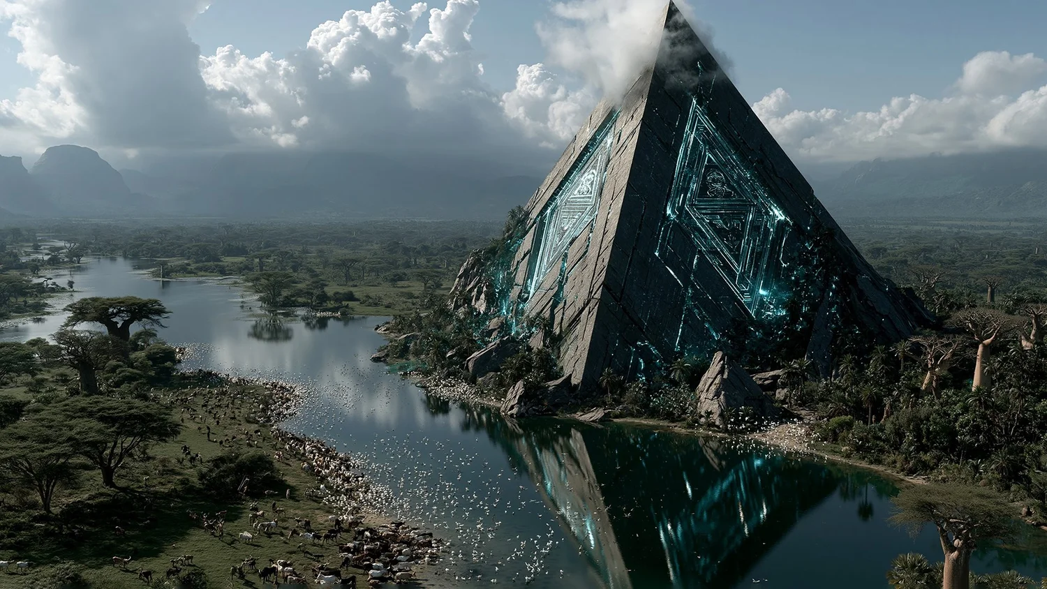 A colossal dark pyramid veined with glowing cyan glyphs, mirrored in still water beneath an overcast sky.
