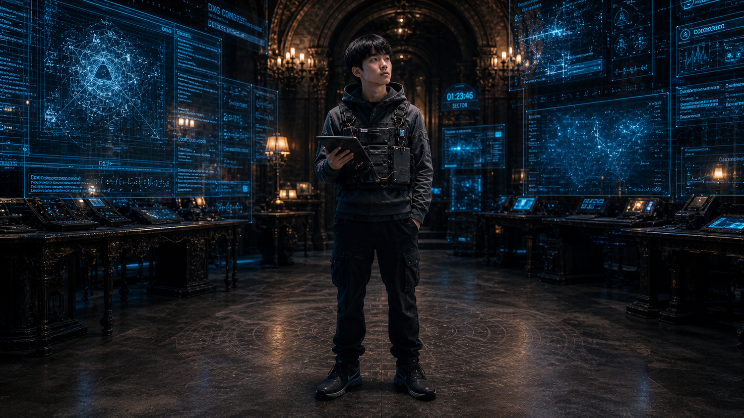 Noah Chen holding a tablet amid glowing data screens in the vault.