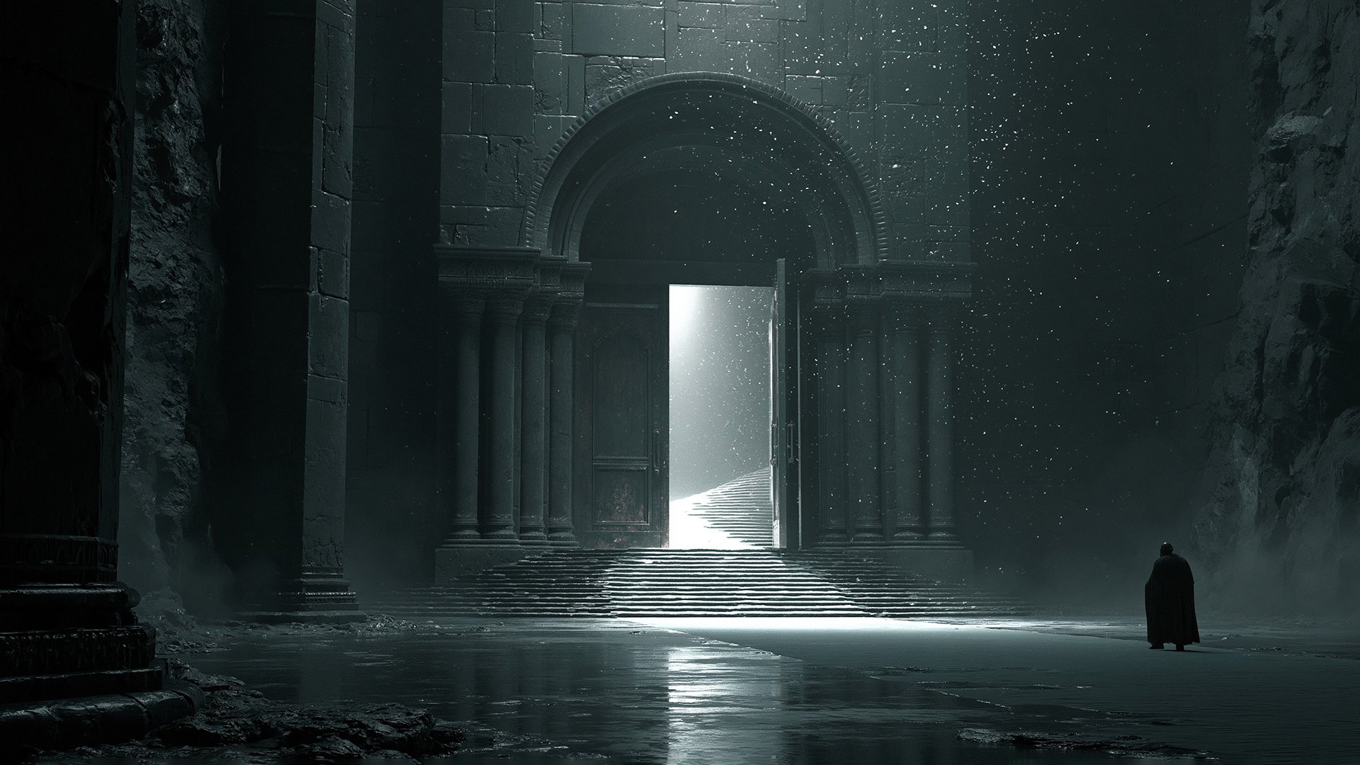 A vast dark stone vault with a massive arched gateway standing open, bright light streaming through the doorway and illuminating a path of steps leading inward, with a small cloaked figure approaching at the right, symbolizing a welcoming way through that is open to everyone.
