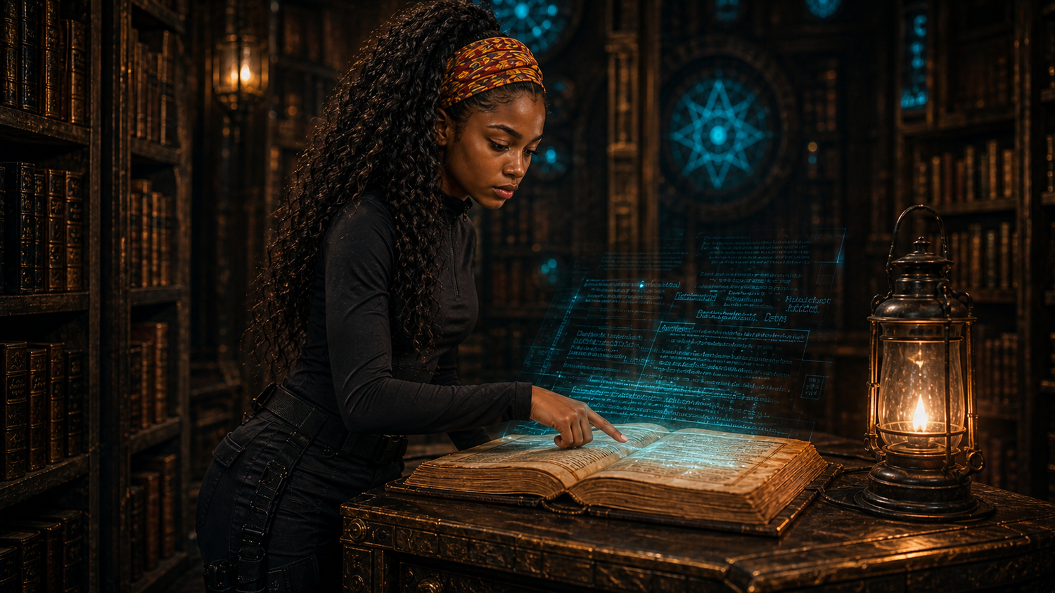 Leila Washington reading a glowing book by lantern light in a candlelit library.
