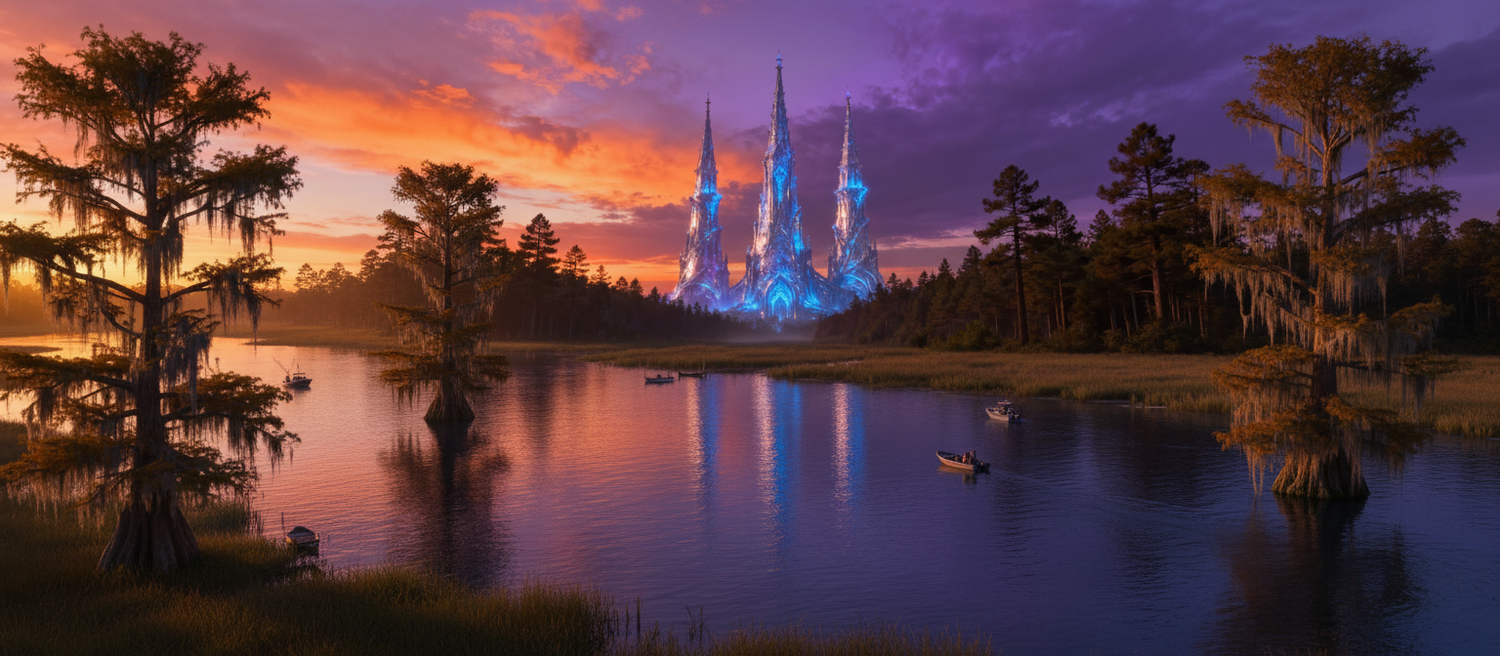 The glowing spires of Renaissance Realms above a twilight water landscape.